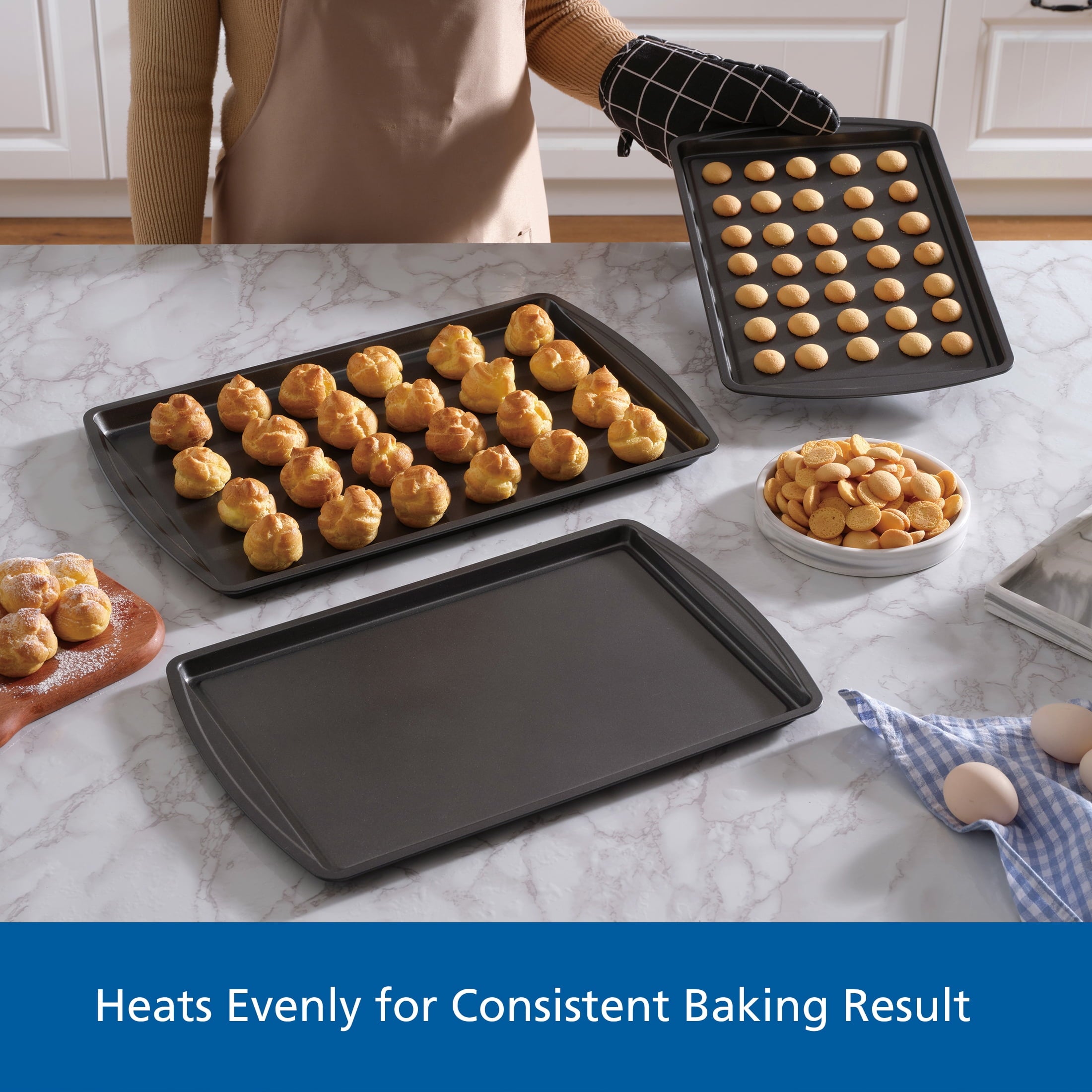 Mainstays 3pc Carbon Steel Nonstick Cookie Sheet Bakeware Set, 11" x 17", 10" x 15", 9" x 13", Gray - Image 3