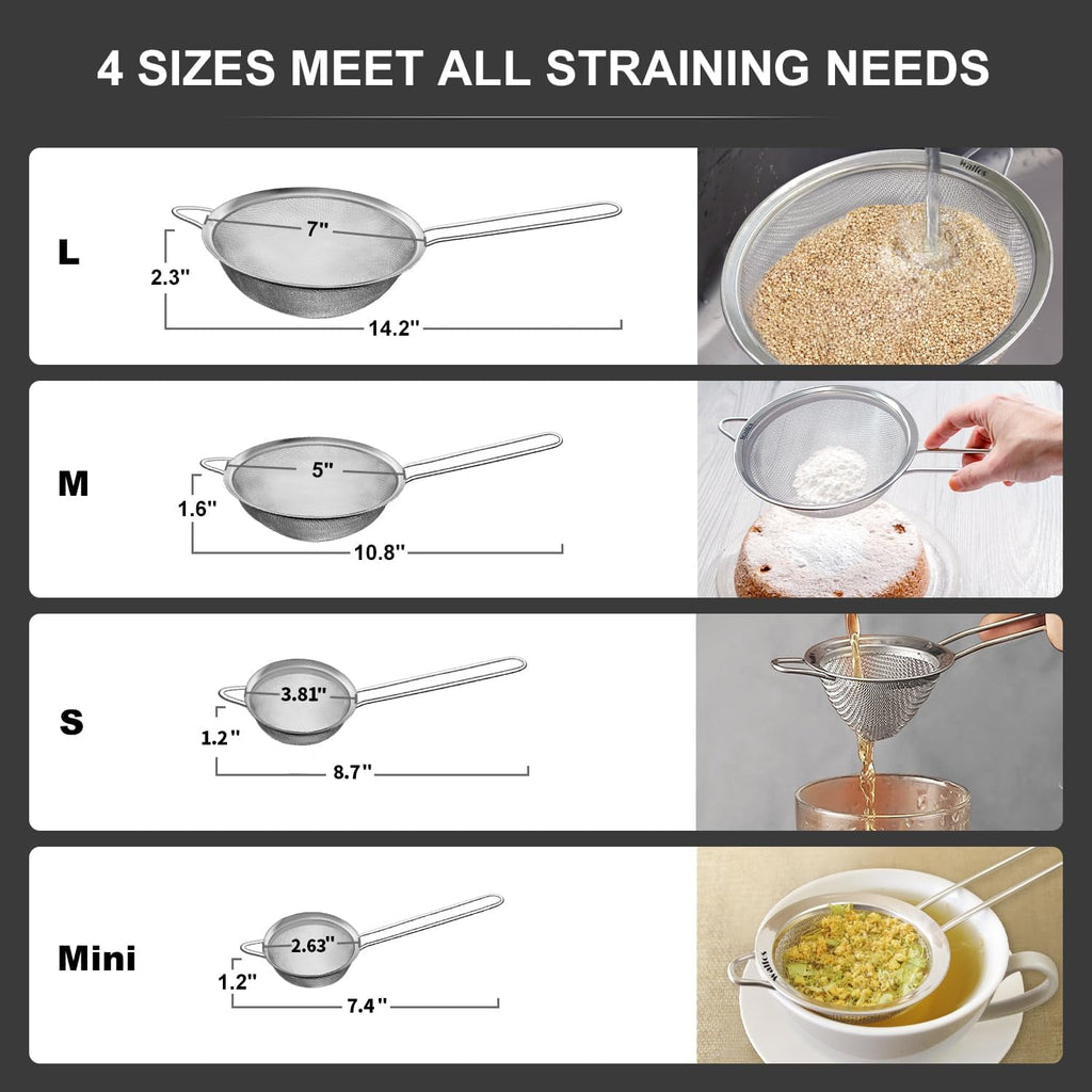 ZHUYING Fine Mesh Strainer 4PCS, Versatile Kitchen Strainer with Handle - 7", 5", 3.3", 2.8" Sieve Fine Mesh Stainles... - Image 2