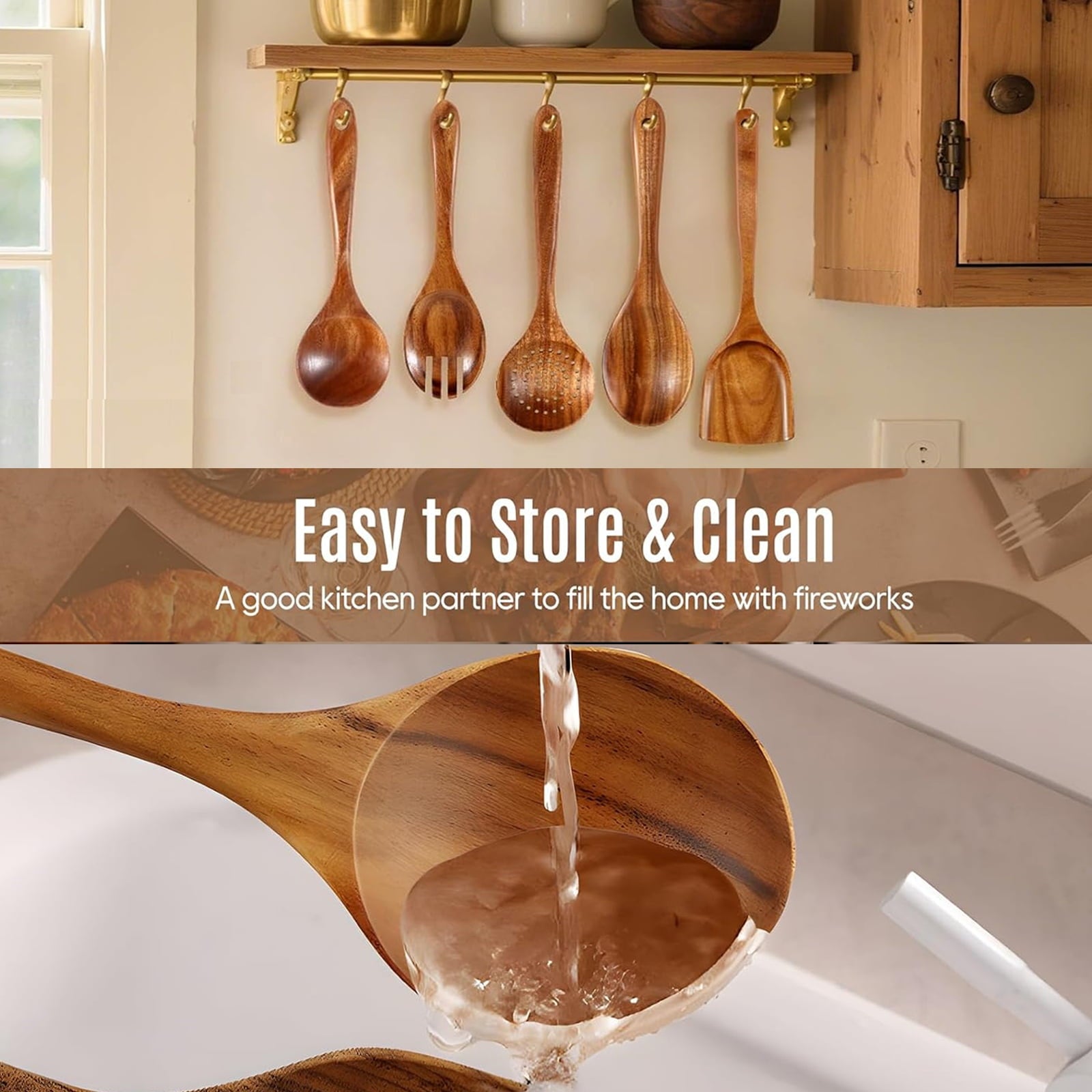 Kisportee Wooden Spoons for Cooking, 8 Pcs Natural Teak Wooden Utensils Set, Non-Stick & Heat Resistant Durable Wood ... - Image 6