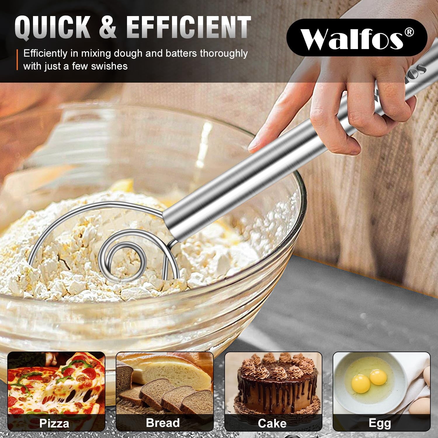 Walfos Danish Dough Whisk, Rustproof Stainless Steel Bread Whisk, Quick Mixing Bread Mixer, Dutch Dough Whisk for Coo... - Image 4