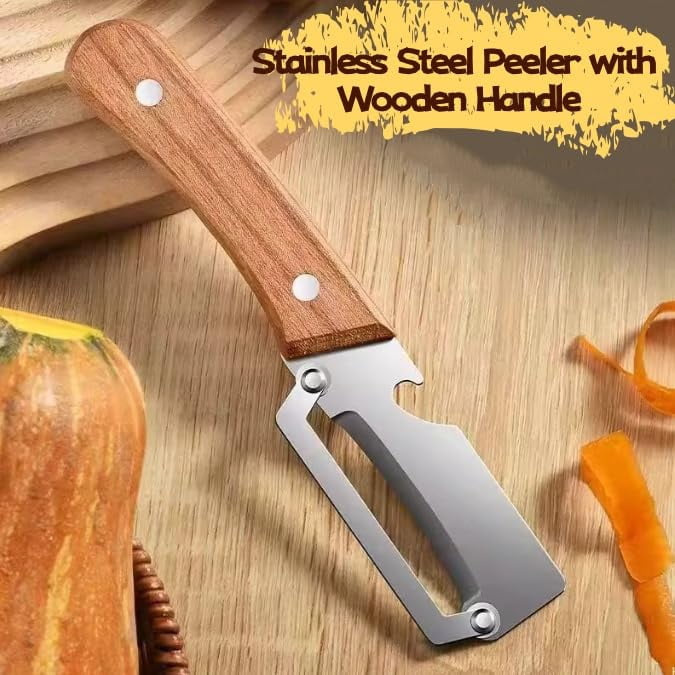 Micro Drag Peeler Stainless Steel Blade with Wooden Handle, 2-in-1 Multifunctional Tool for Fruits Vegetables and Bot... - Image 3