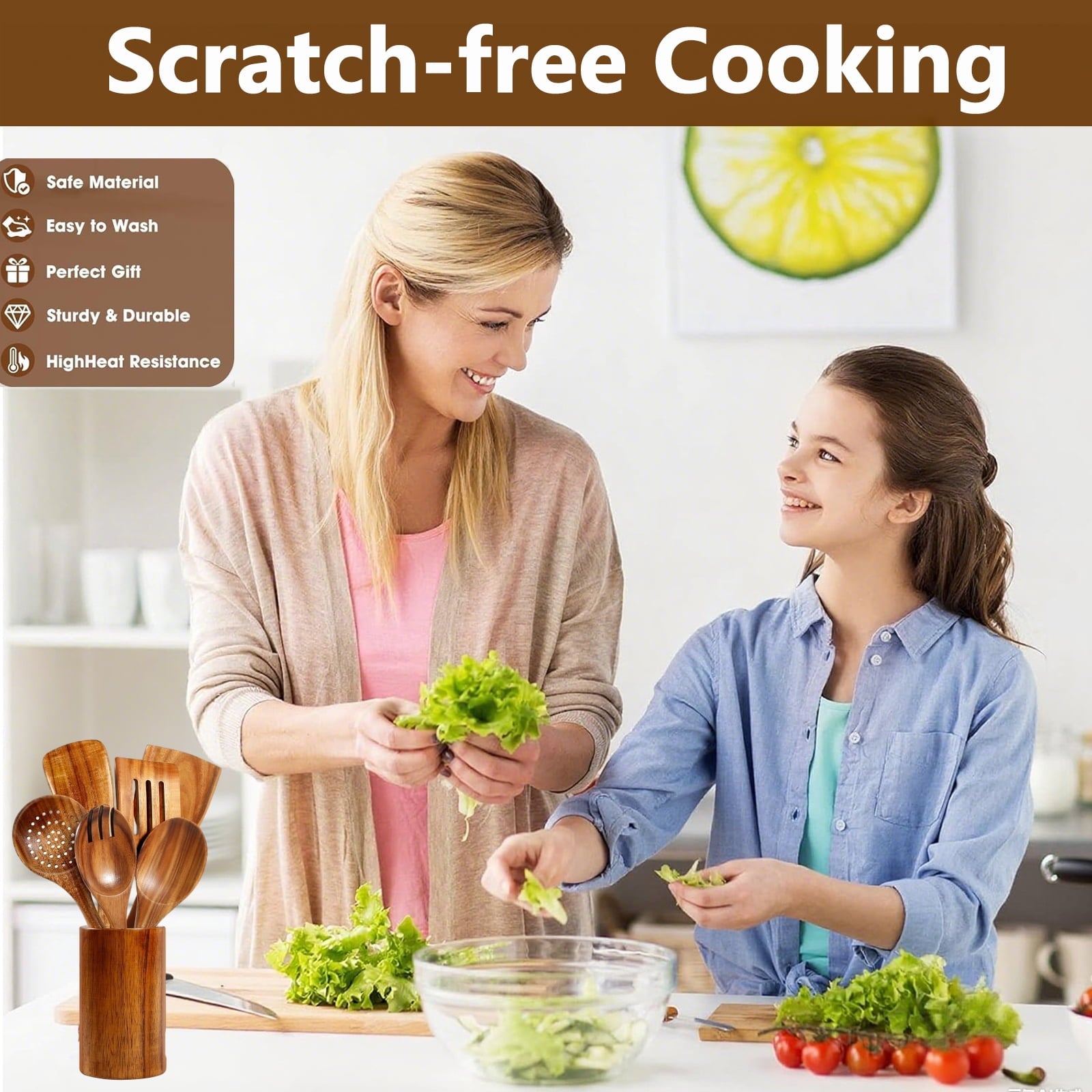 Kisportee Wooden Spoons for Cooking, 8 Pcs Natural Teak Wooden Utensils Set, Non-Stick & Heat Resistant Durable Wood ... - Image 4