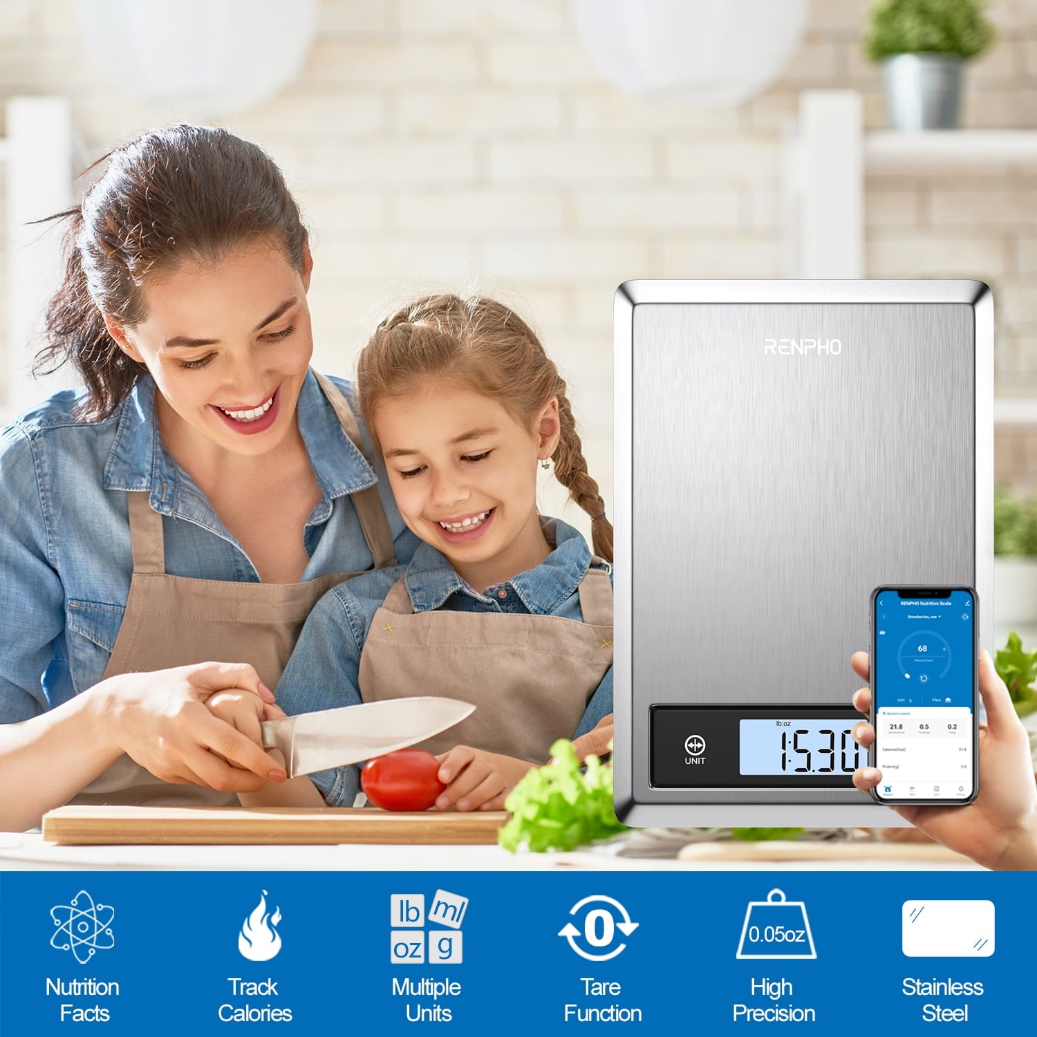 RENPHO Digital Food Scale with App, Bluetooth Smart Kitchen Scale, Stainless Steel - Image 2