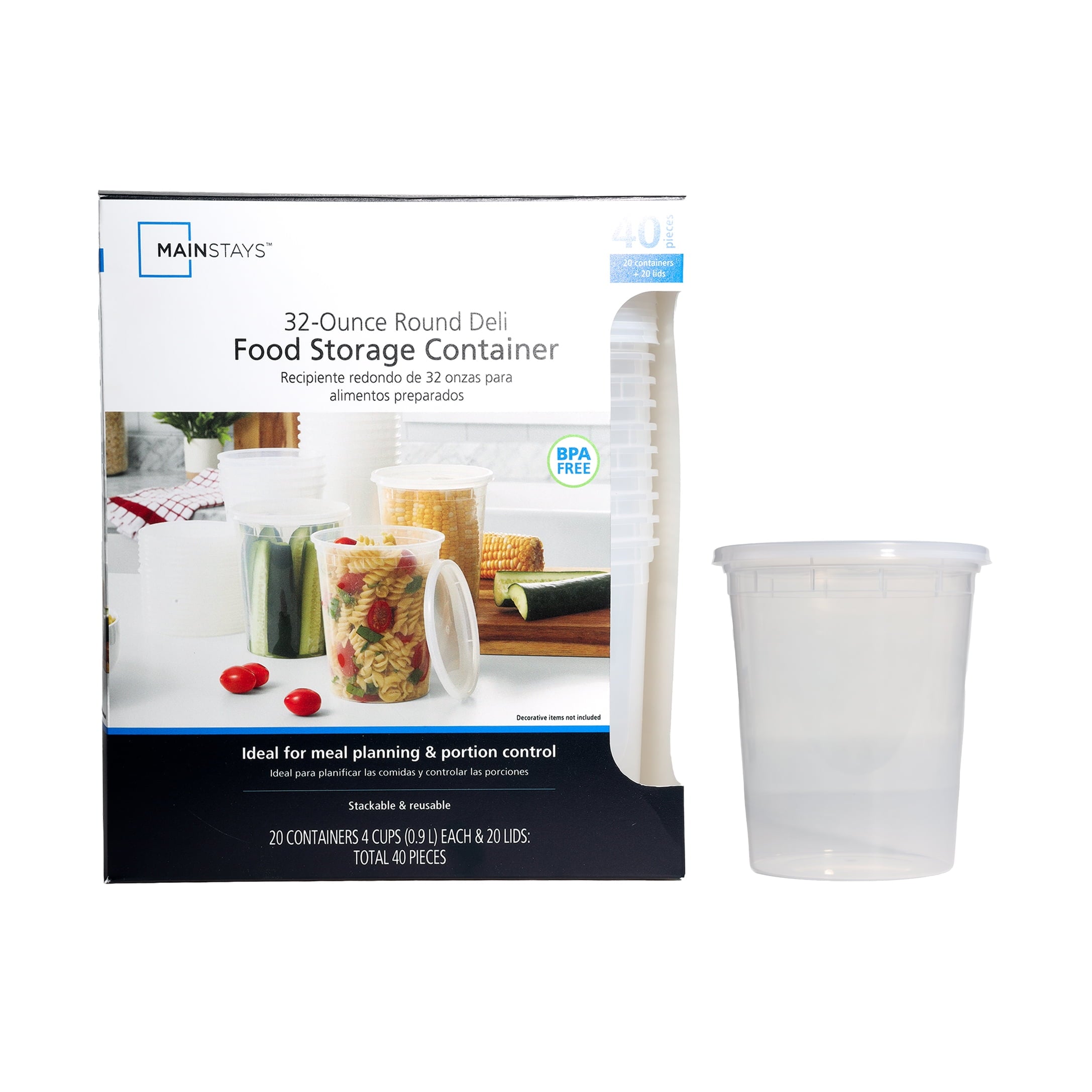 Mainstays 40 Piece 32oz Plastic Deli Container, Ideal Use for Meal Prep and Batch Cooking