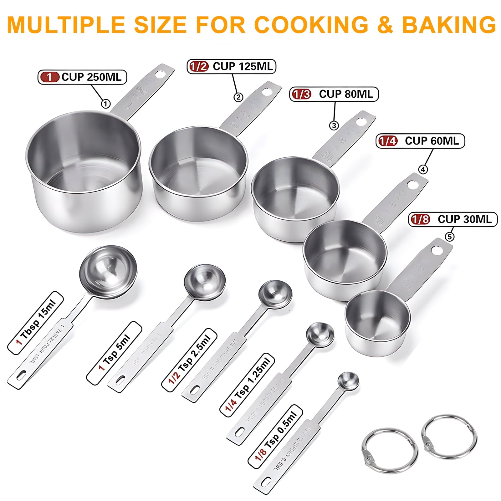 Measuring Cups and Spoons Set of 10, 5 Stainless Steel Cups and 5 Spoons for Kitchen Cooking Baking - Image 2