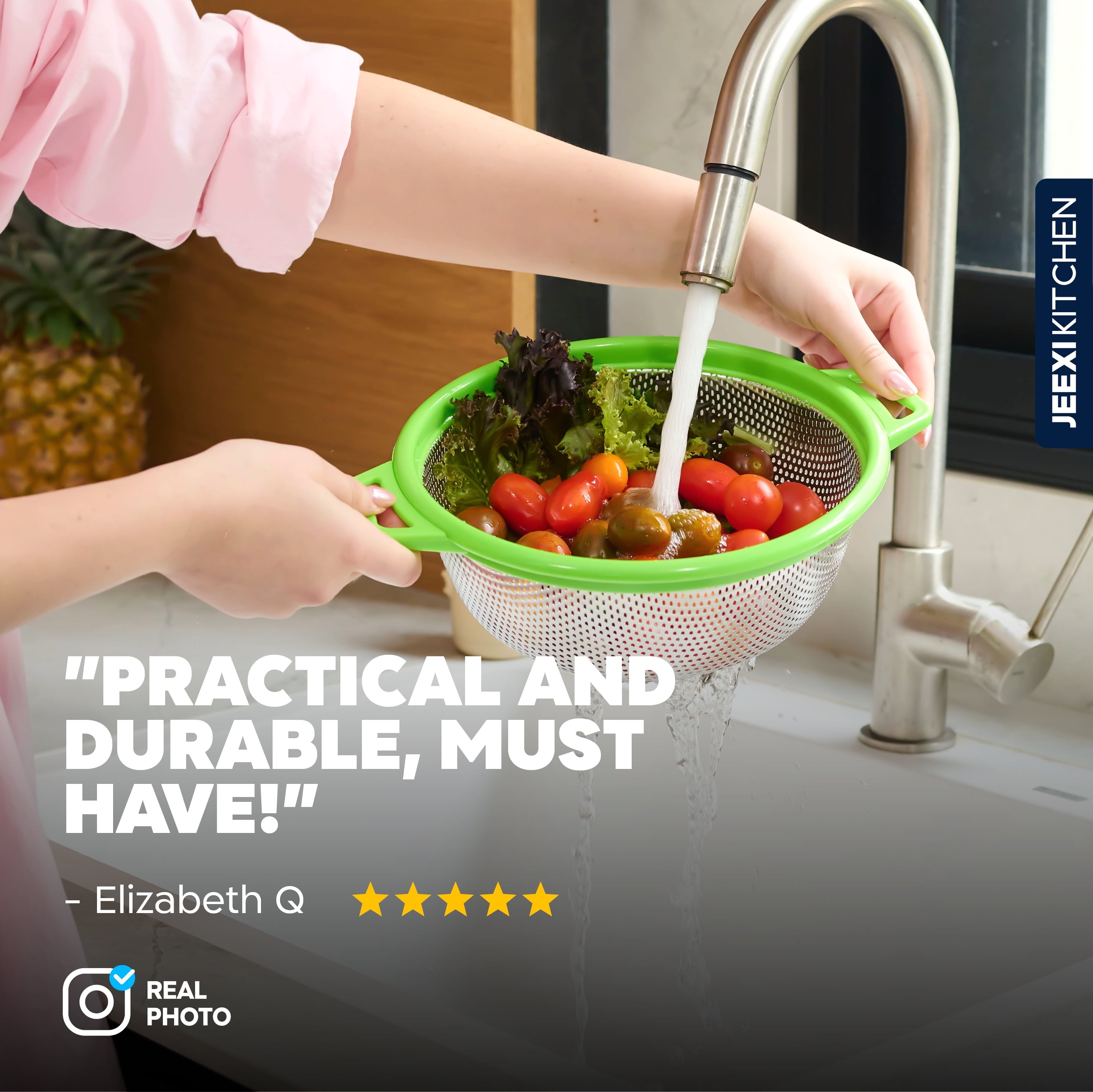 JEEXI Stainless Steel Colander With Handles, Large Metal Green Mesh Strainer for Pasta, Spaghetti, Berry, Veggies, Fr... - Image 6