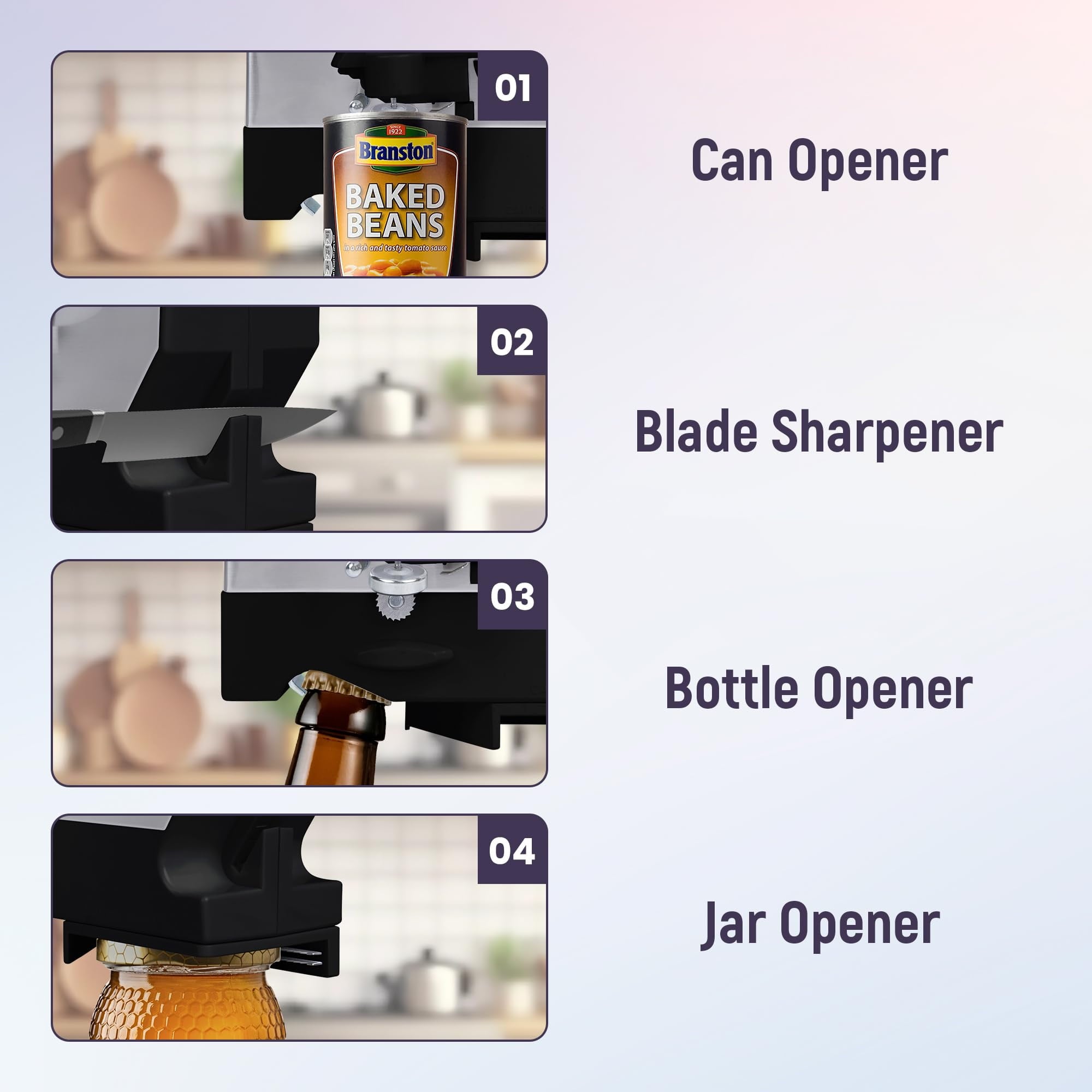 Electric Can Opener - 4 in 1 Under the Cabinet Mounted Can Opener, Blade Sharpener, Bottle Opener, Jar Opener, Mounti... - Image 2