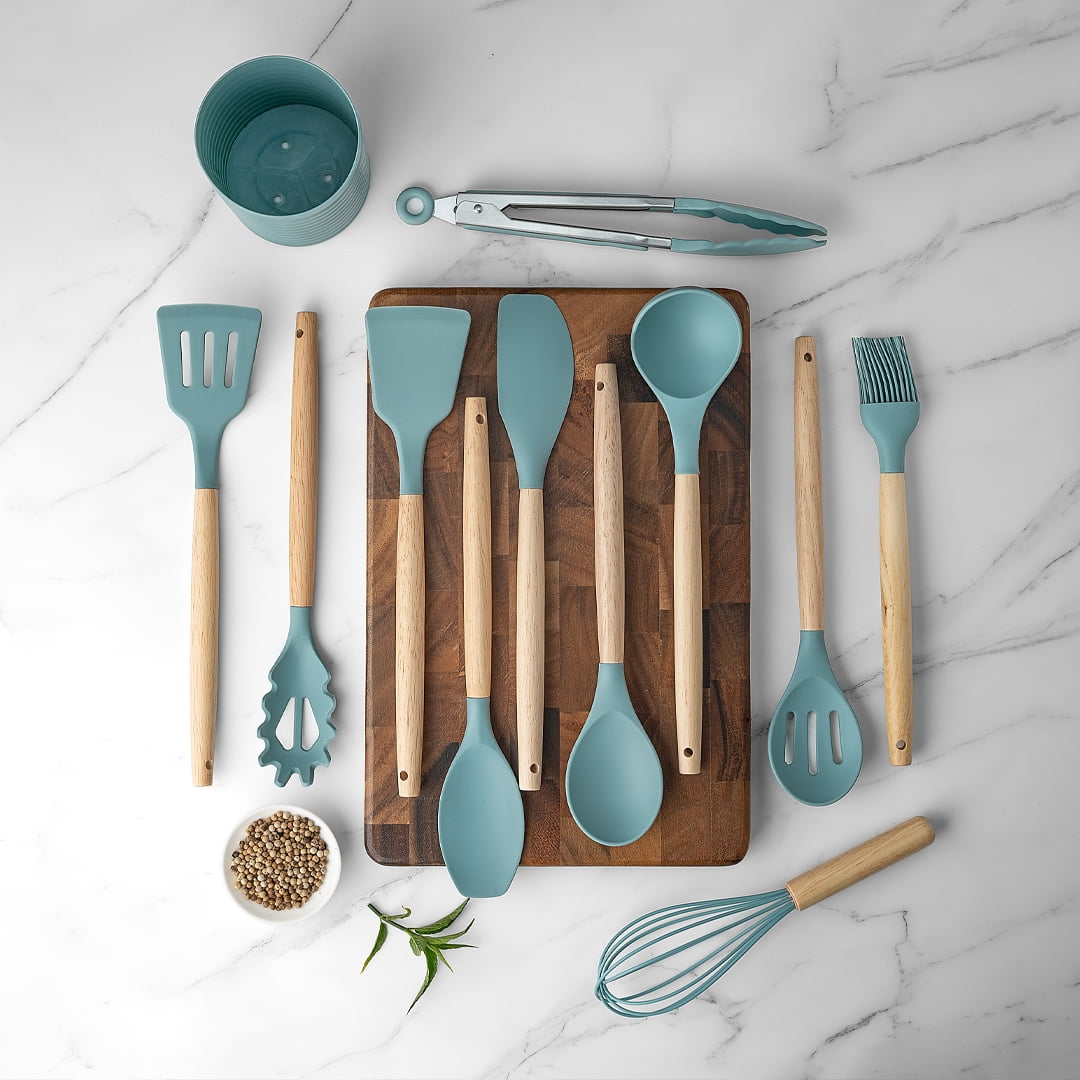 KSENDALO Small Silicone Cooking Utensils with Holder Set (12Pack), Aqua Kitchen Tools with Wooden Handle for Nonstick... - Image 6