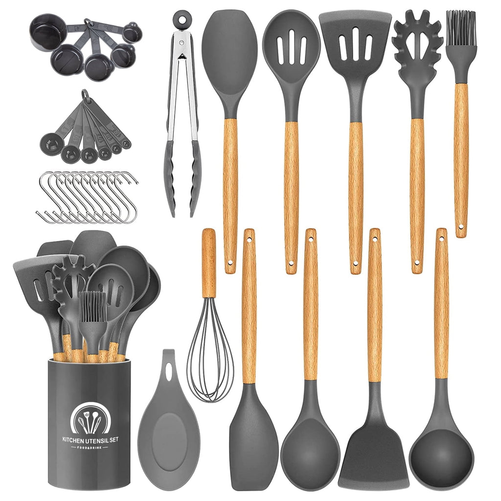 34PCS Silicone Cooking Utensils Set, 446°F Heat Resistant Wooden Handle Cooking Kitchen Utensils Spatula Set with Hol...