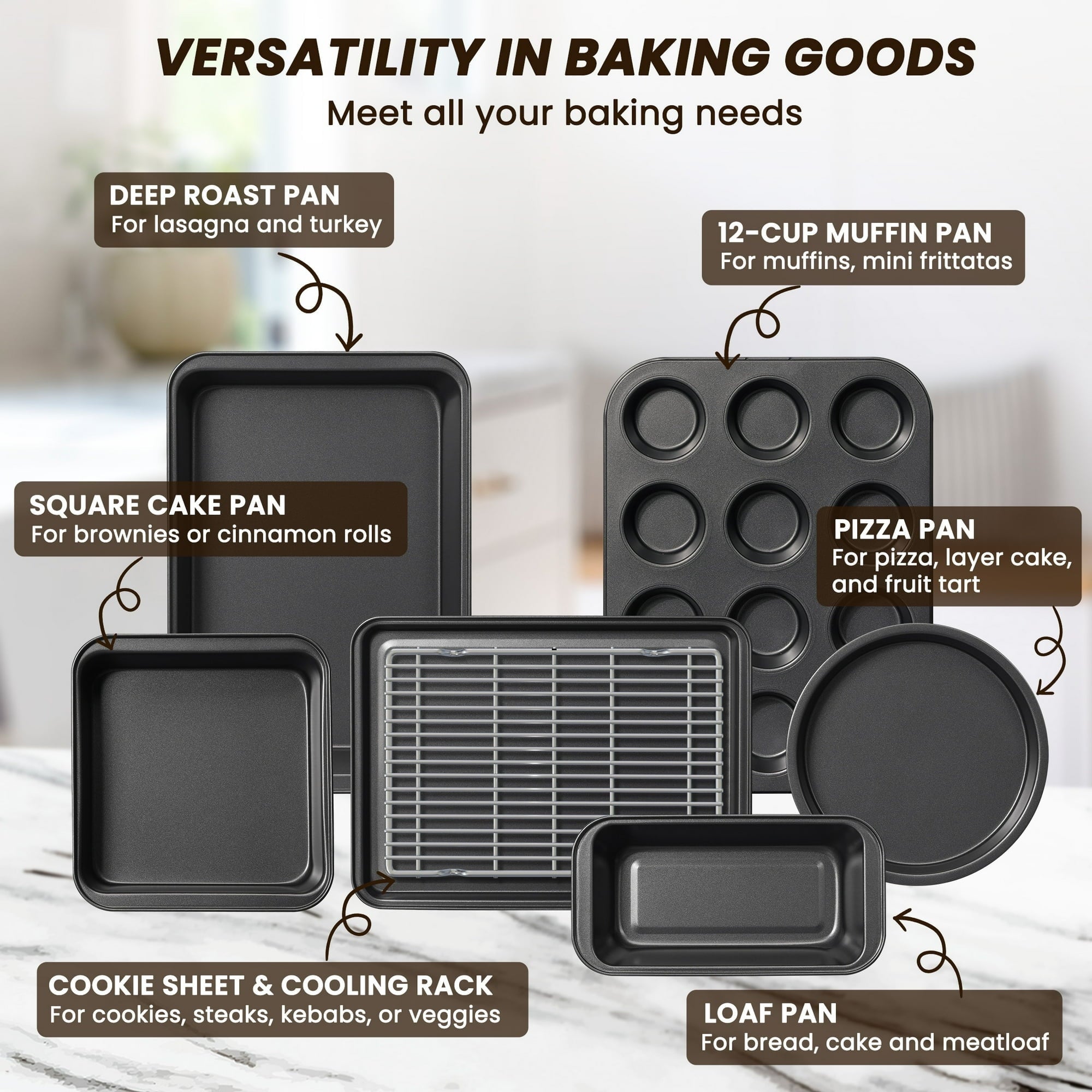 Kikcoin Bakeware Set, 22 Pcs Carbon Steel Non-Stick Baking Pan Set, Baking Sheet for Kitchen, Muffin Pan & Cookie She... - Image 4