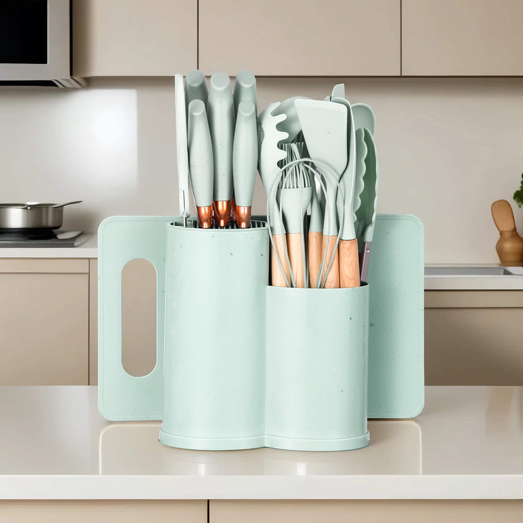 HEESEM 19pcs Silicone Kitchen Utensil Set, Heat-Resistant Non-Stick Easy Cooking Cleaning Home Light-Green - Image 3