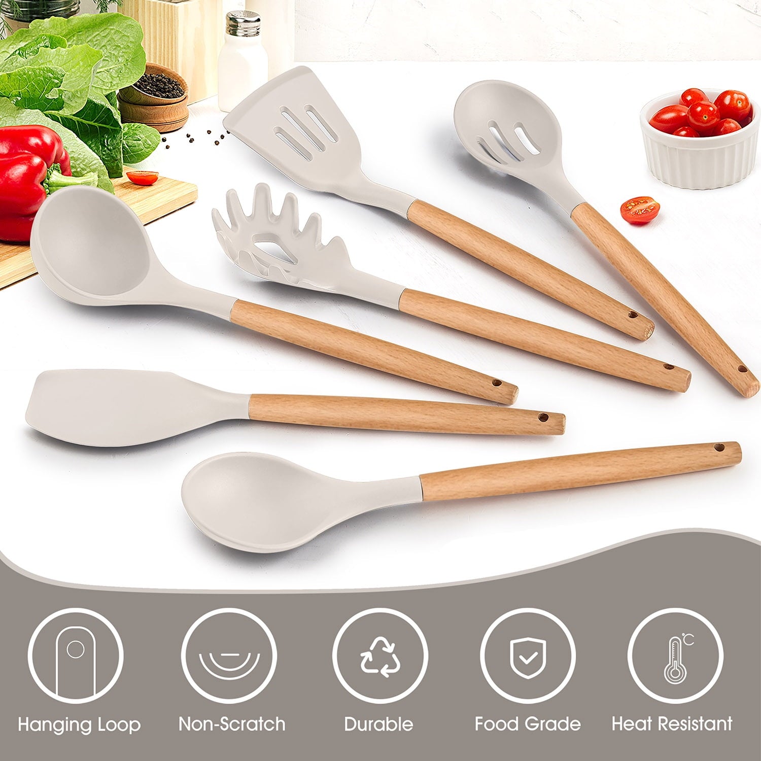 Vesteel Kitchen Utensils Set of 6, Silicone Cooking Utensils with Wooden Handle, Non-Stick Cookware & Heat Resistant,... - Image 3