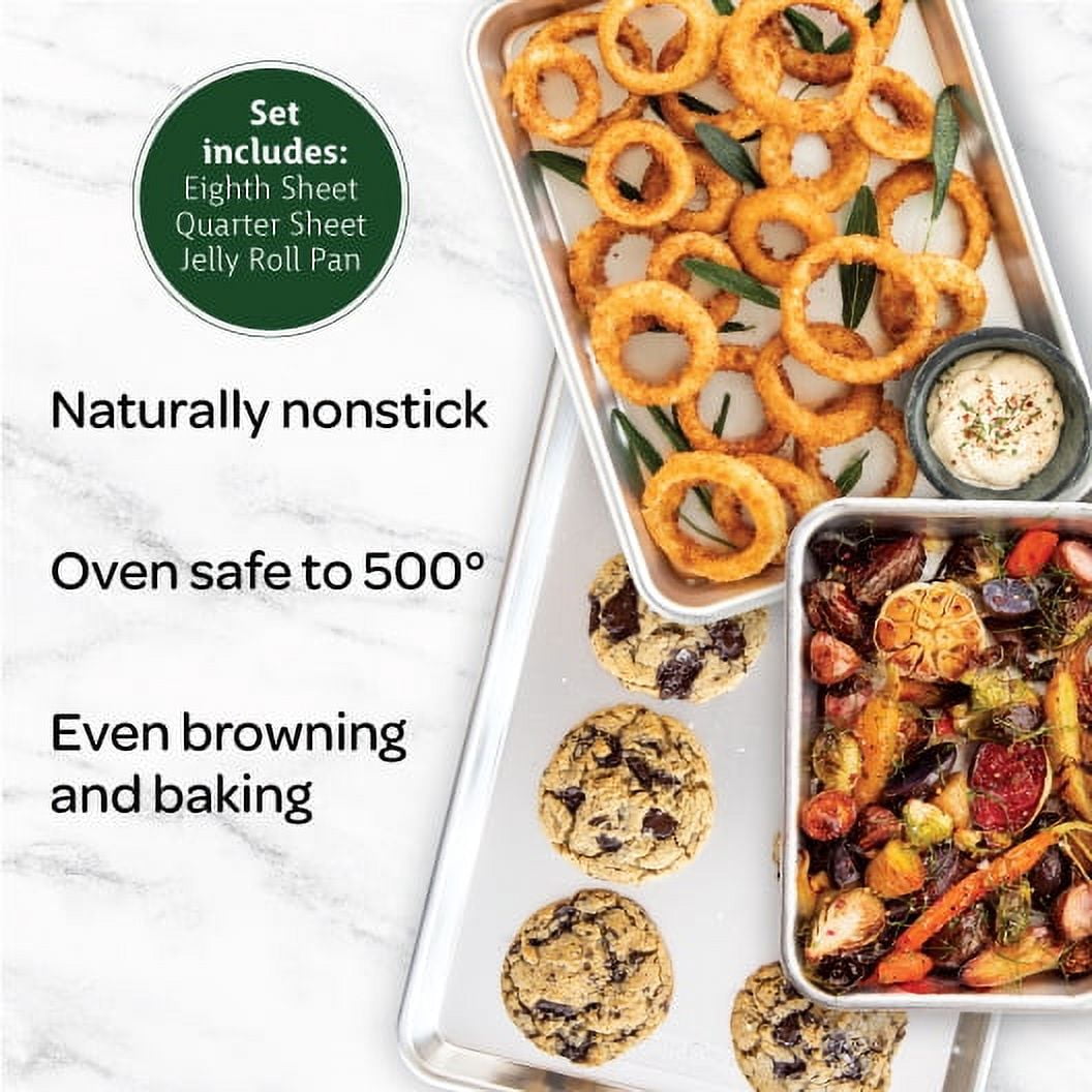 Naturals 3 Piece Aluminum Bakeware Set with Jelly Roll, Quarter & Eighth Sheet Rectangular Cookie & Baking Sheet Pans - Image 2
