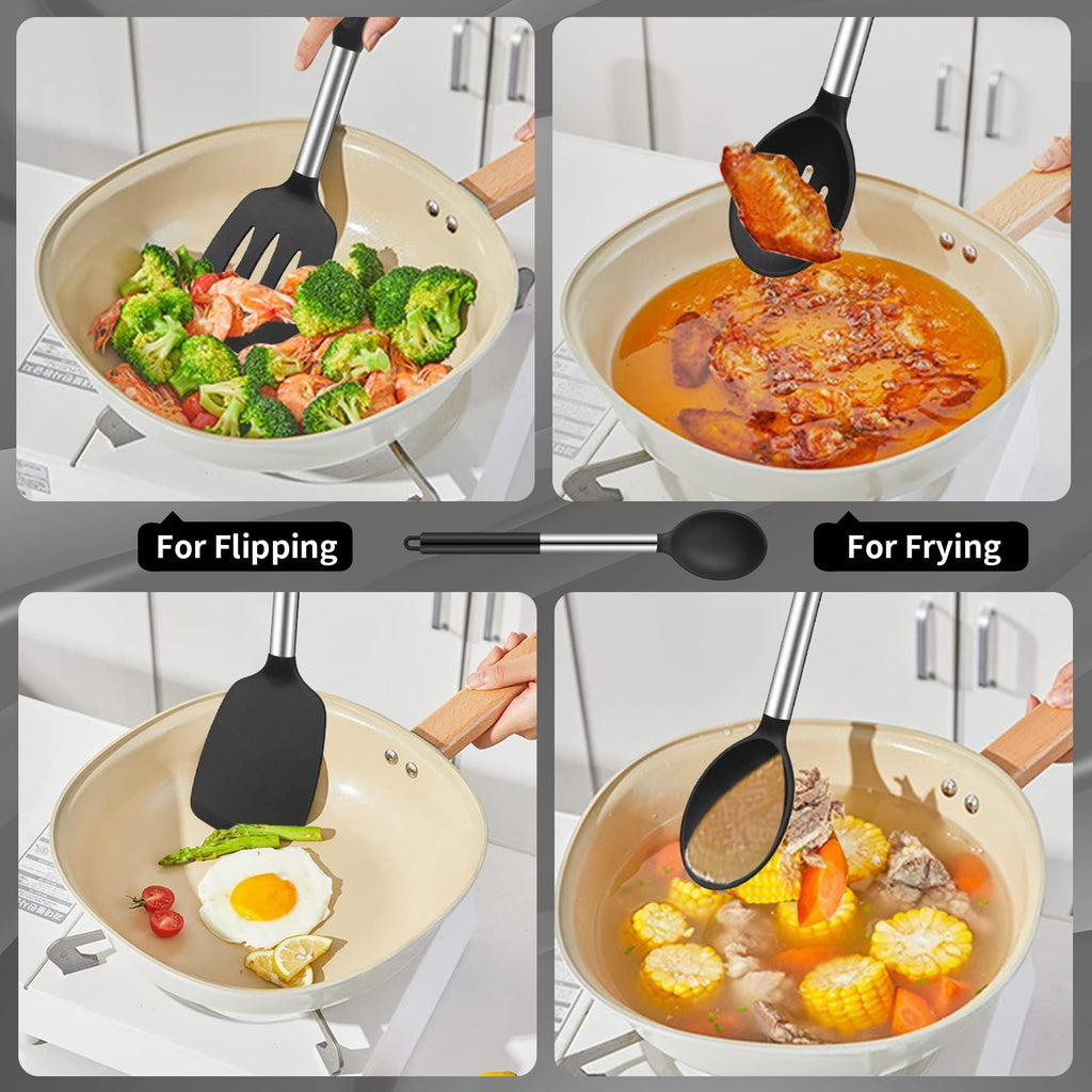 sixwipe Silicone Cooking Spatulas and Spoons, 4 Pack Heat Resistant Silicone Cooking Utensils Set, Non-stick Large Ki... - Image 6