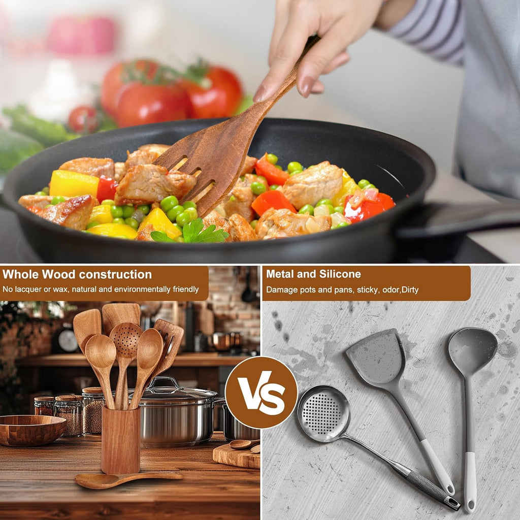 Kisportee Wooden Spoons for Cooking, 8 Pcs Natural Teak Wooden Utensils Set, Non-Stick & Heat Resistant Durable Wood ... - Image 2