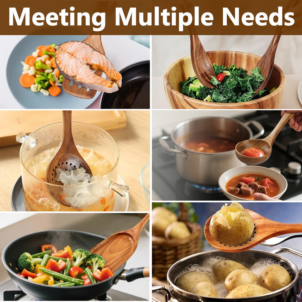 Kisportee Wooden Spoons for Cooking, 8 Pcs Natural Teak Wooden Utensils Set, Non-Stick & Heat Resistant Durable Wood ... - Image 3