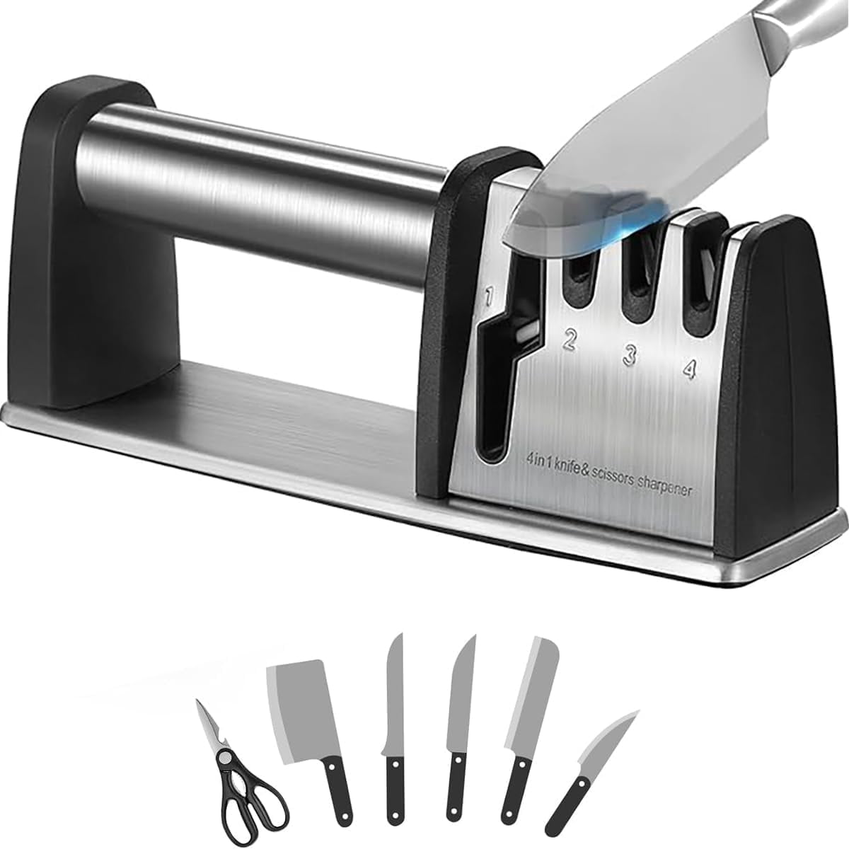 4-in-1 Professional Knife and Scissors Sharpener, Manual Kitchen Sharpening Tool, 8.5 Inch Length