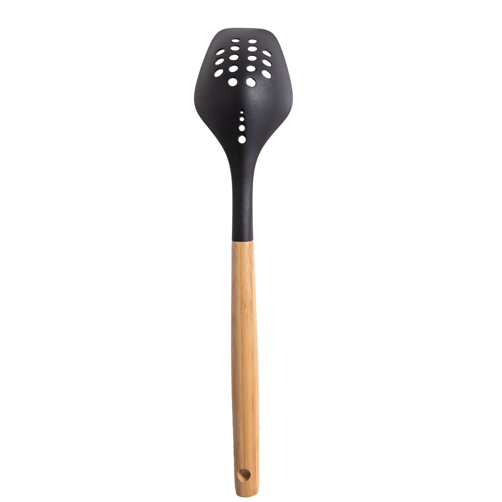 Mainstays Nylon Slotted Cooking Spoon with Bamboo Handle, 12.6"2.7", Nylon & Bamboo, Black - Image 2
