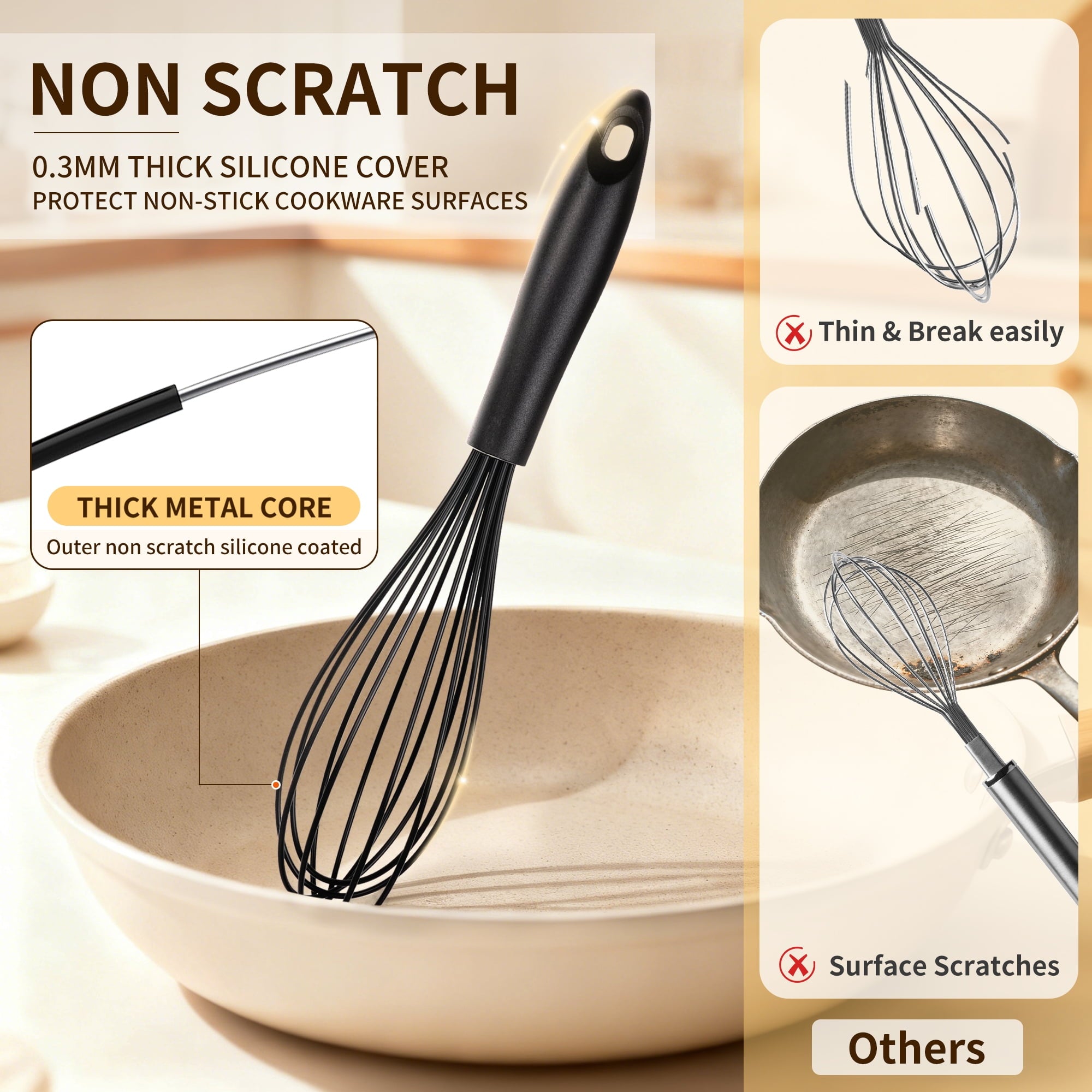 Silicone Wire Whisk, MOJINO Egg Beater Set of 3, Non Scratch Stainless Steel Kitchen Whisks for Cooking, Blending, Be... - Image 5