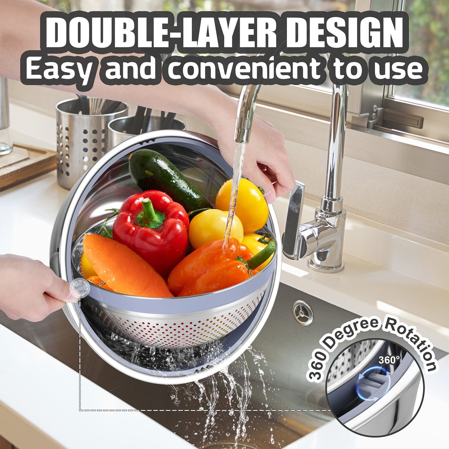 Vesteel Colander with Mixing Bowl Set, 4 in 1 Stainless Steel Food Strainer with Airtight Visible Lid and 3 Graters, ... - Image 6