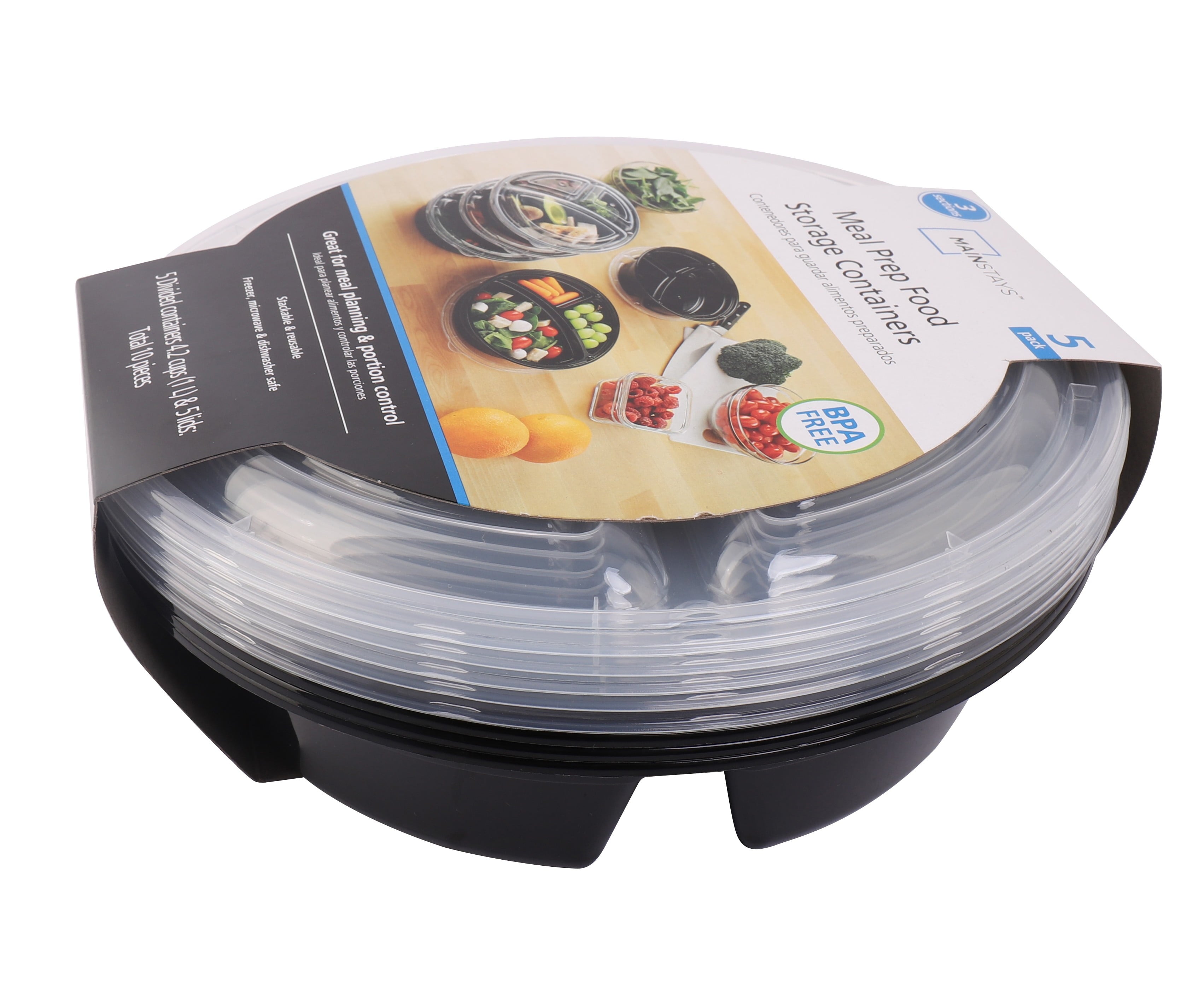 Mainstays 5-Pack Round Meal Prep Containers with 3 Compartments and Lids, 1L, BPA-Free, Microwave & Dishwasher Safe, ... - Image 6