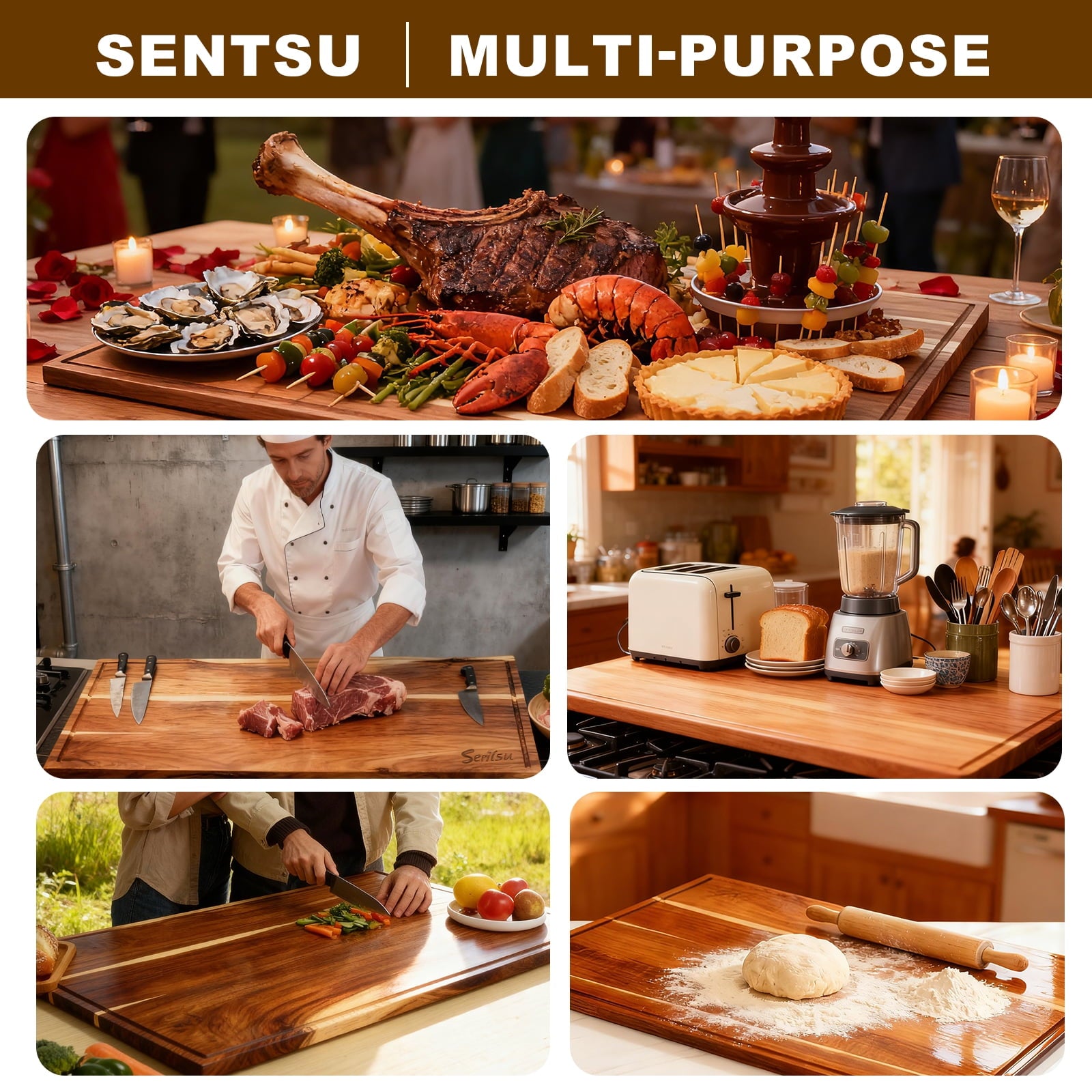 Sentsu 36x24 Extra Large Acacia Wood Cutting Boards with Juice Groove and Handles, 5XL Stove Top Cover Thick Heavy Du... - Image 5