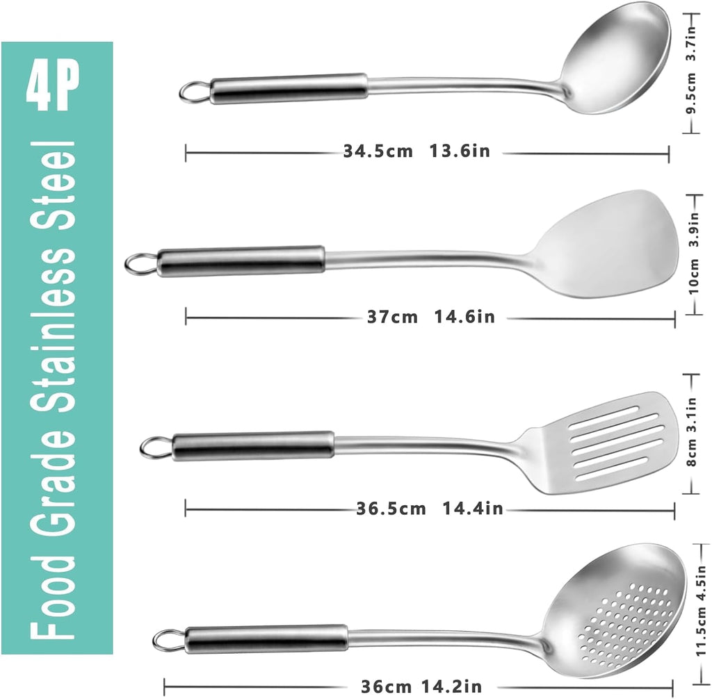 Mirdinner 4 Pcs Cooking Utensils Set, 304 Stainless Steel Kitchen Utensils, Include Wok Ladle, Slotted Spoon, Wok Spa... - Image 2