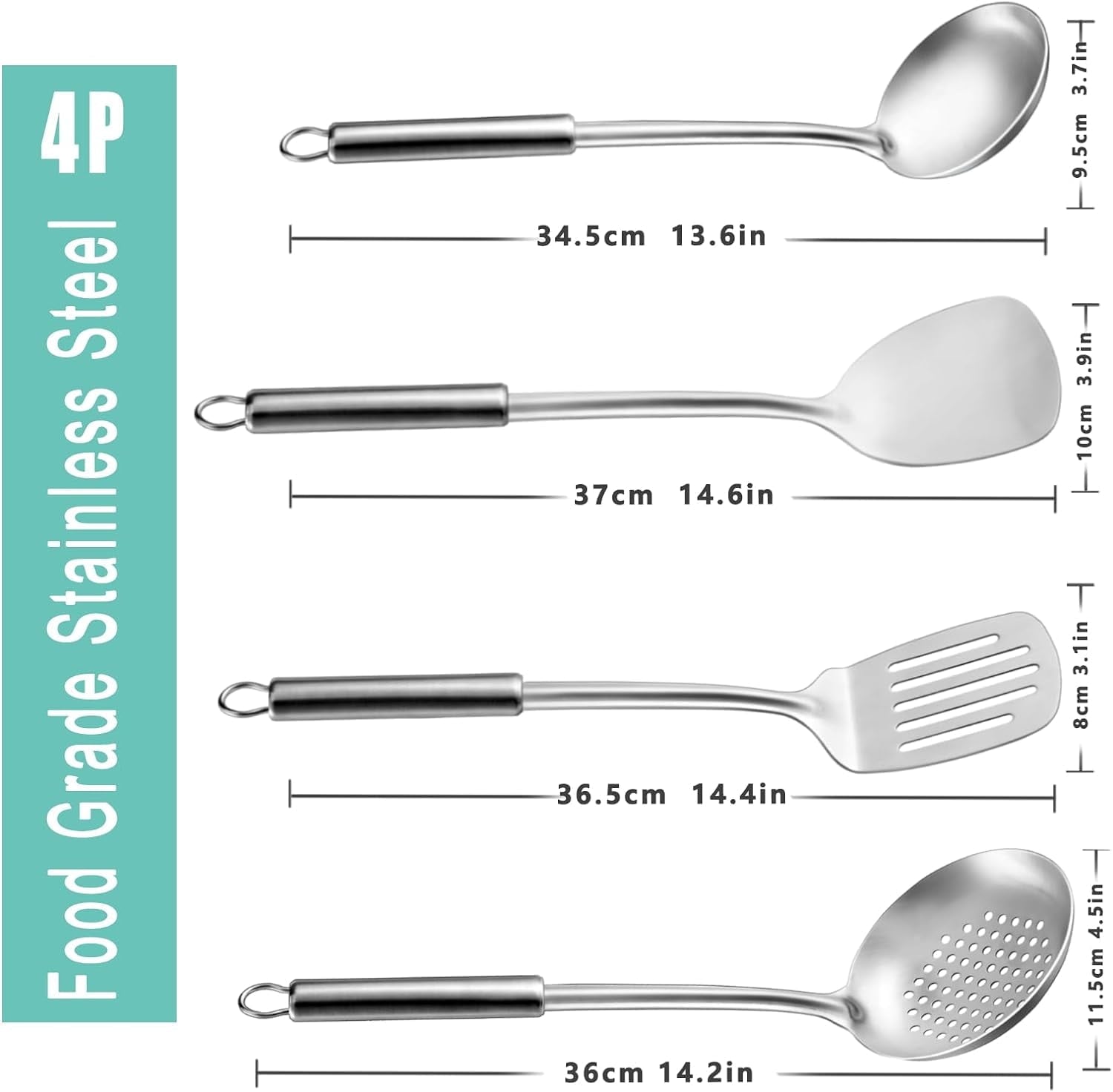 Mirdinner 4 Pcs Cooking Utensils Set, 304 Stainless Steel Kitchen Utensils, Include Wok Ladle, Slotted Spoon, Wok Spa... - Image 2