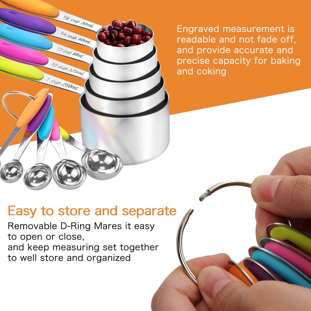 Howarmer Stainless Steel Measuring Cups and Spoons Set, 10 Piece Measuring Spoons and Cups with Soft Silicone Handles... - Image 3