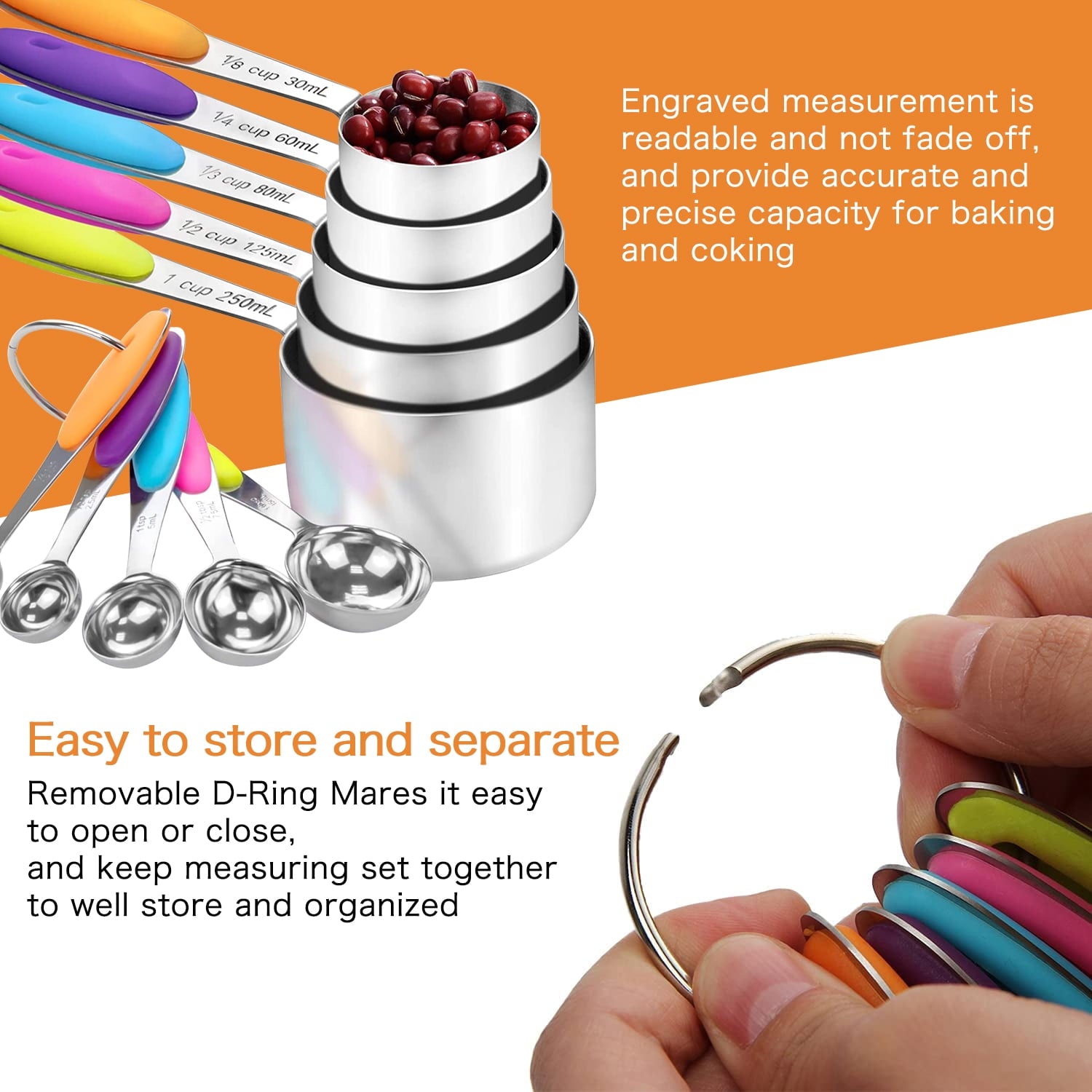 Howarmer Stainless Steel Measuring Cups and Spoons Set, 10 Piece Measuring Spoons and Cups with Soft Silicone Handles... - Image 3