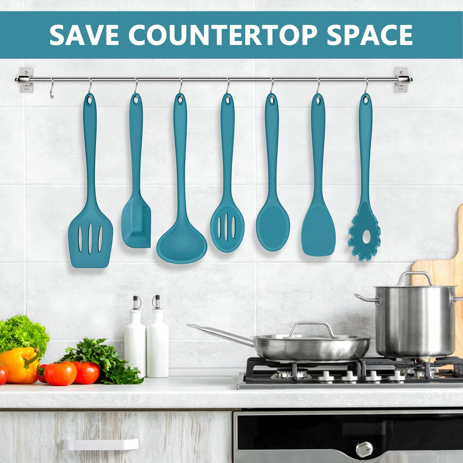 Walchoice 7-Piece Silicone Cooking Utensils Set, Blue Kitchen Utensils, Non-stick Gadgets Tools Include Slotted Turne... - Image 2