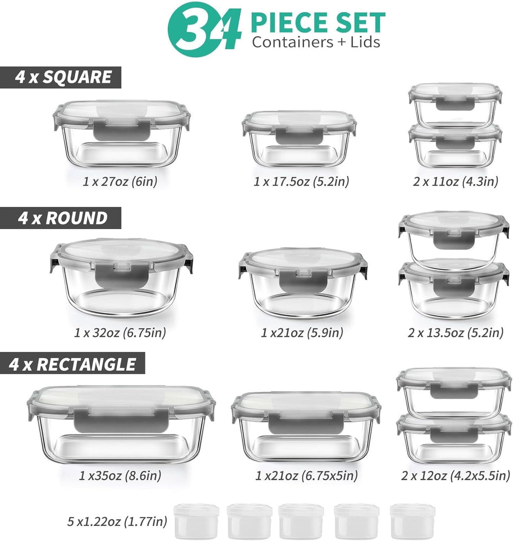 34pcs Glass Food Storage Containers with Lids Set, Airtight Meal Prep Containers (17 Containers & 17 Lids), Grey - Image 4