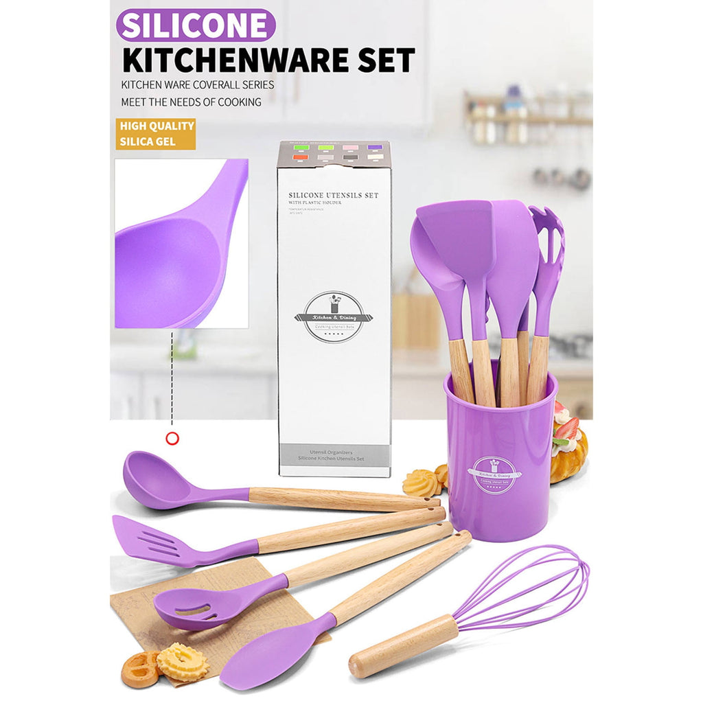 EGYMEN 12Pcs Cooking Kitchen Utensils Set with Holder,Wooden Handles Cooking Tool,BPA Free,Non Toxic Turner Tongs Spa... - Image 2