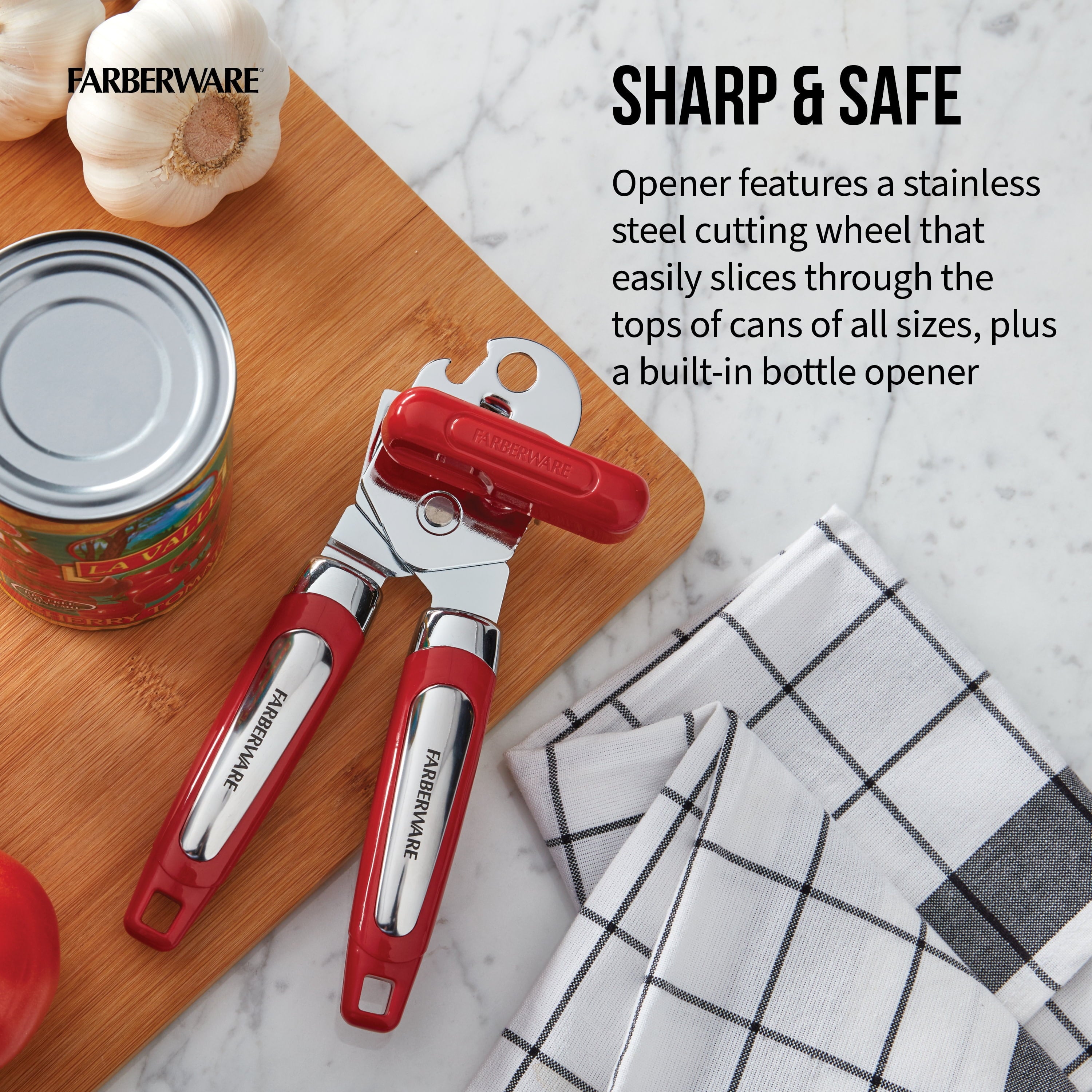 Professional Can Opener with Built-in Bottle Opener in Red - Image 2