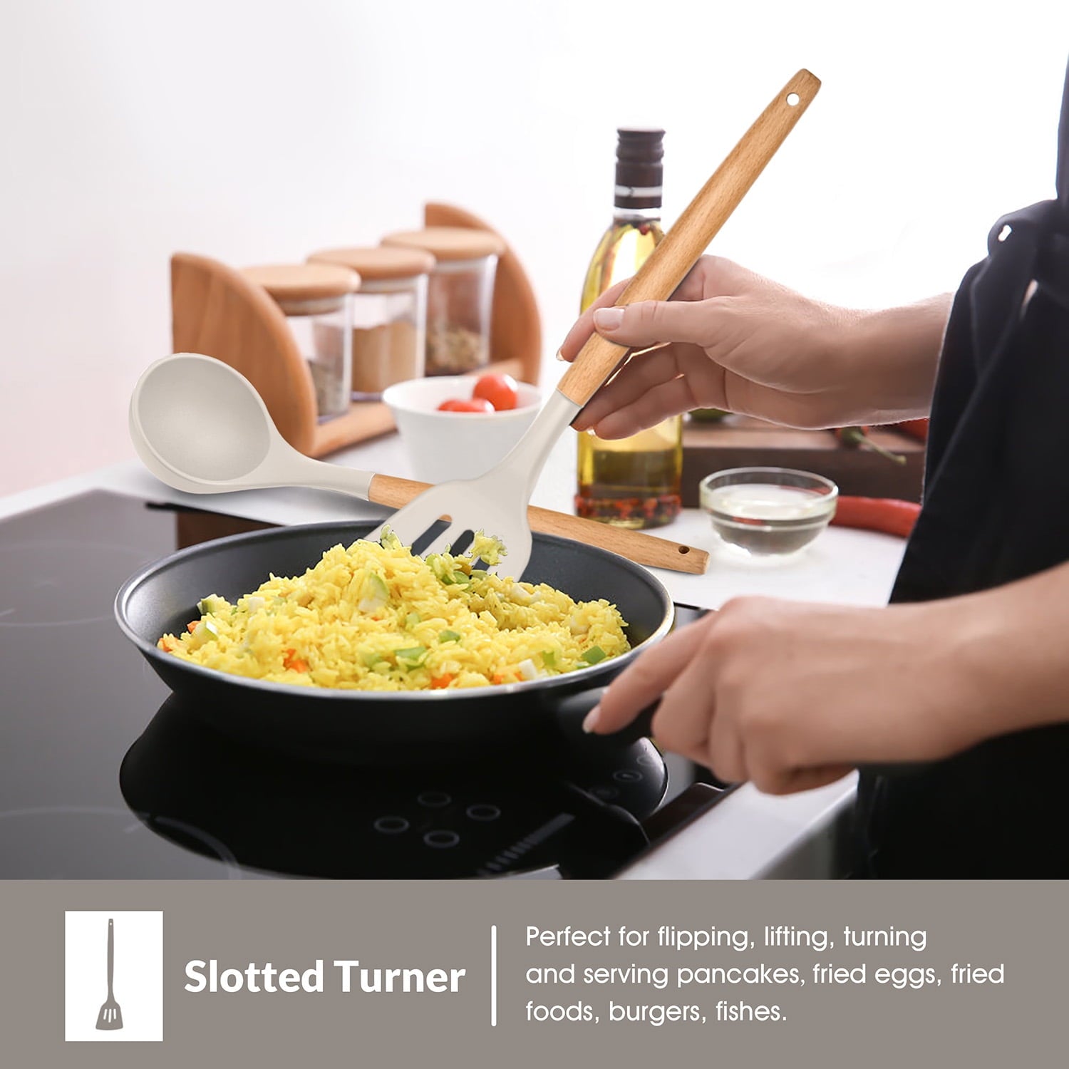Vesteel Kitchen Utensils Set of 6, Silicone Cooking Utensils with Wooden Handle, Non-Stick Cookware & Heat Resistant,... - Image 6