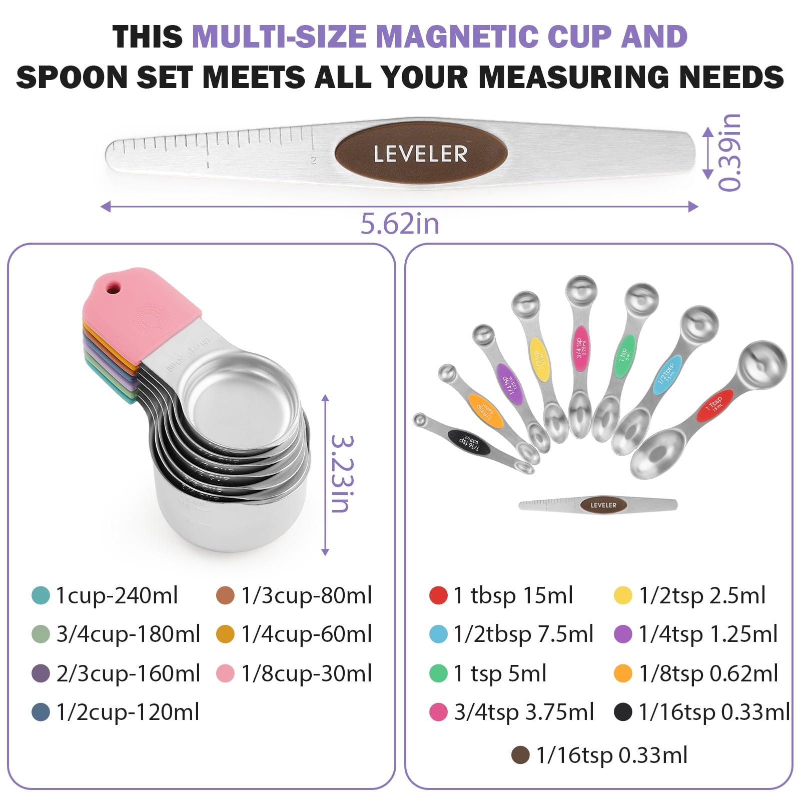 Lumikrypt 16 Piece Magnetic Measuring Cups and Spoons Set, Stainless Steel Nesting Metal Measuring Cups Set with Leve... - Image 2