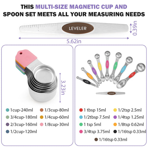 Lumikrypt 16 Piece Magnetic Measuring Cups and Spoons Set, Stainless Steel Nesting Metal Measuring Cups Set with Leve... - Image 2