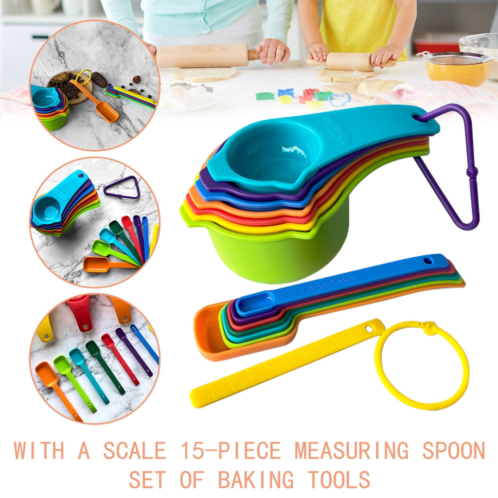 Clearance! JATOK Plastic Measuring Cups and Spoons Set Measuring Cups Set with Spout & Leveler 15 Pcs Colorful Kitche... - Image 2
