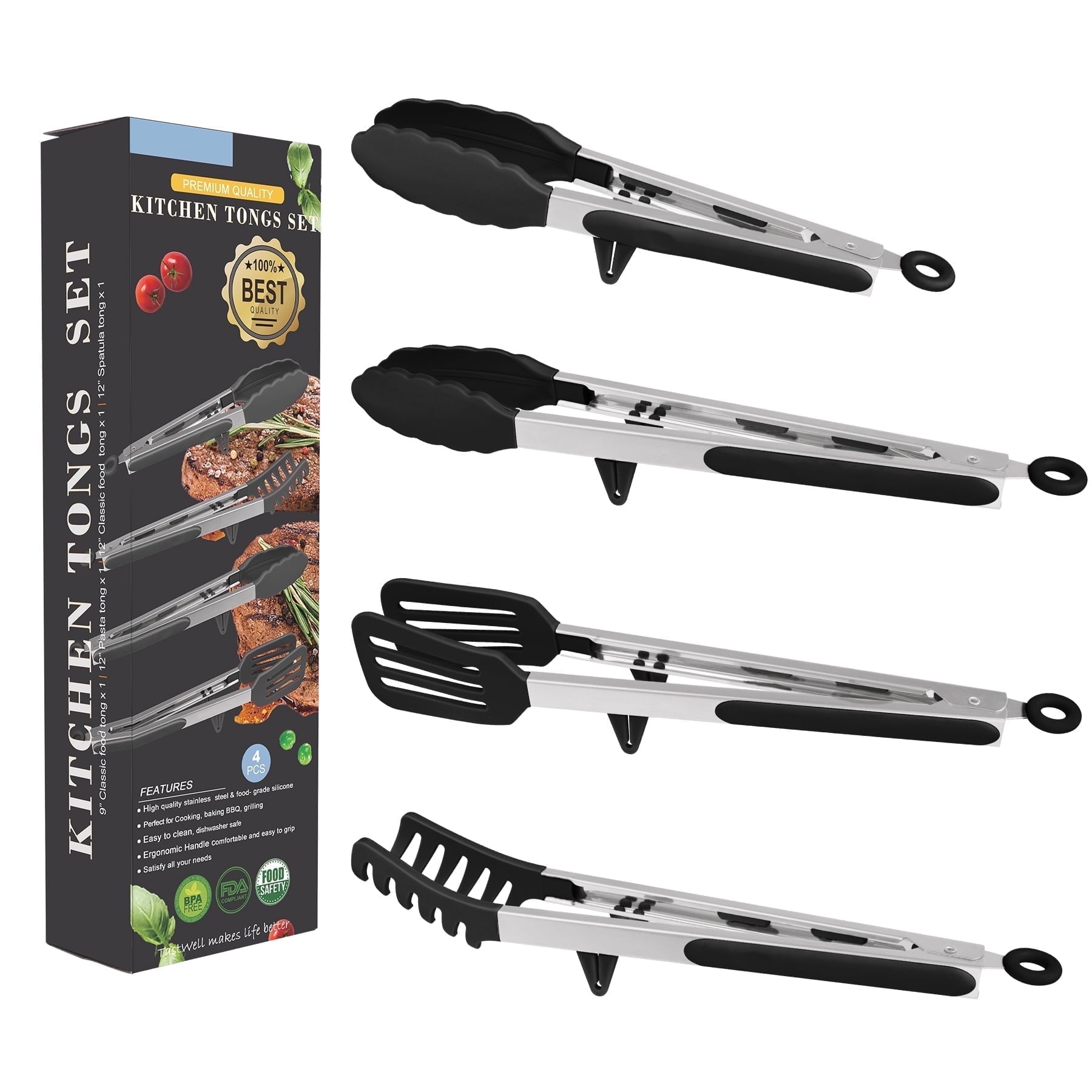 4in1 Stainless Steel Kitchen Food Tongs Set for Cooking with BPA Free Silicone Tips, Toaster Steak Pie Pizza Pasta Sp...