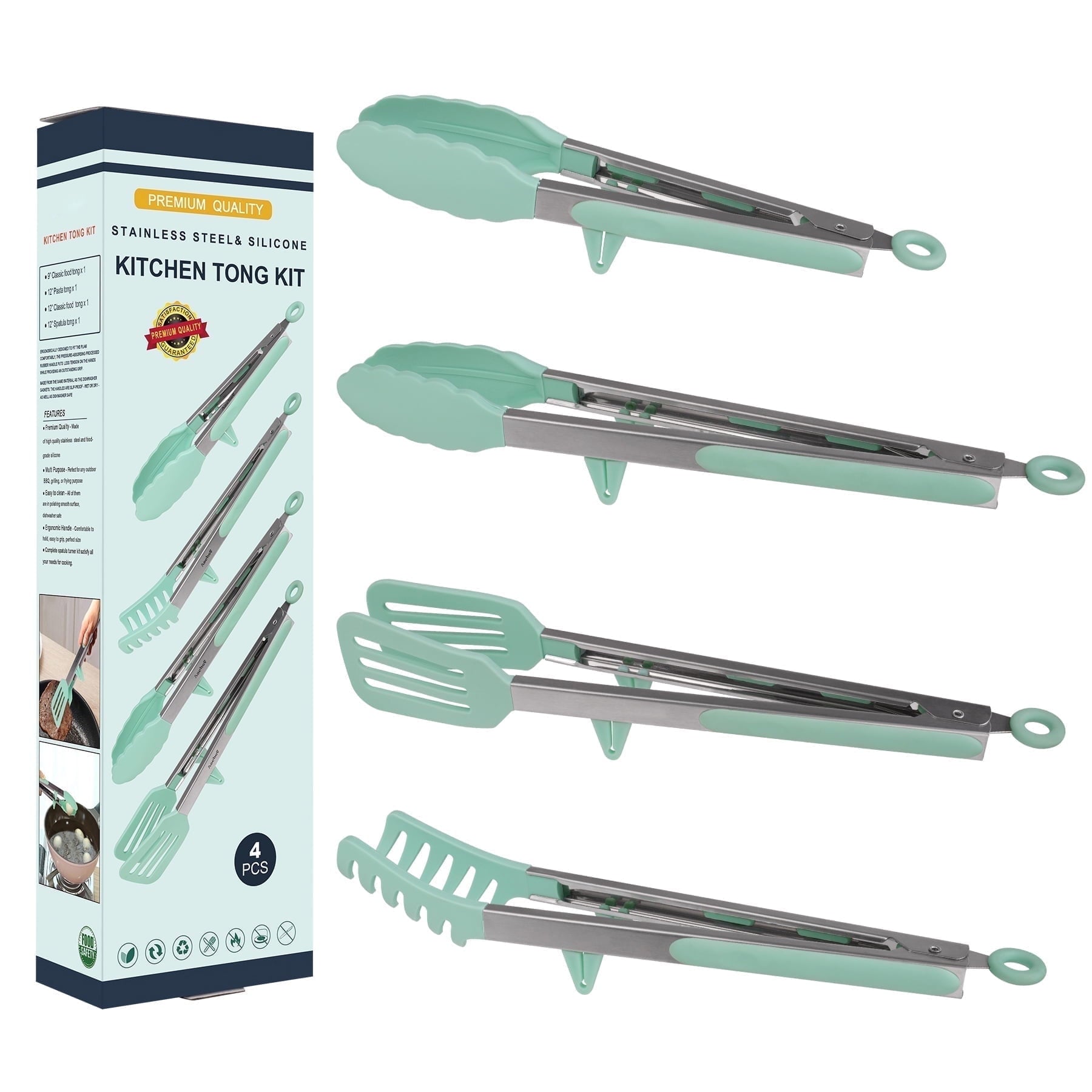 4in1 Stainless Steel Kitchen Food Tongs Set for Cooking with BPA Free Silicone Tips, Toaster Steak Pie Pizza Pasta Sp...