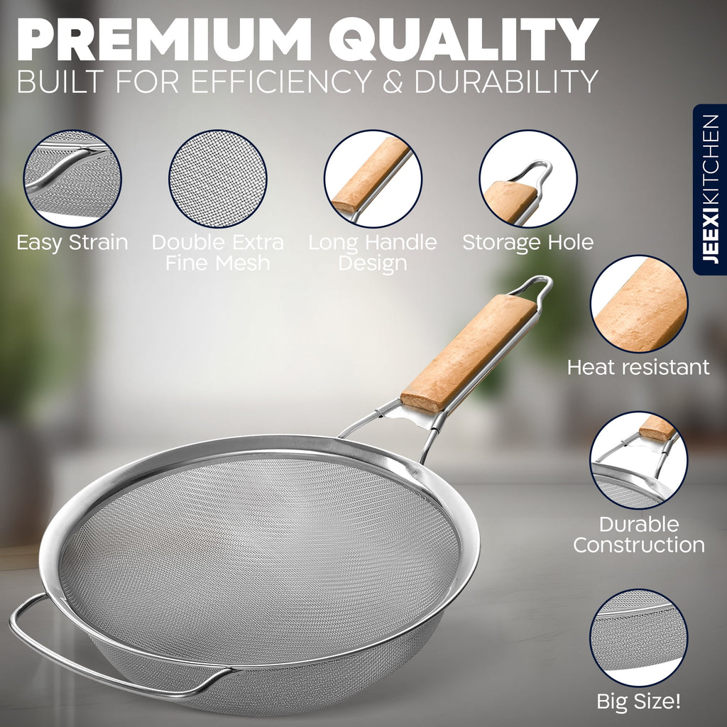 JEEXI Fine Mesh Strainer with Wooden Handle - 8.6 Inch Stainless Steel Sieve for Straining, Sifting, and Rinsing - Du... - Image 3