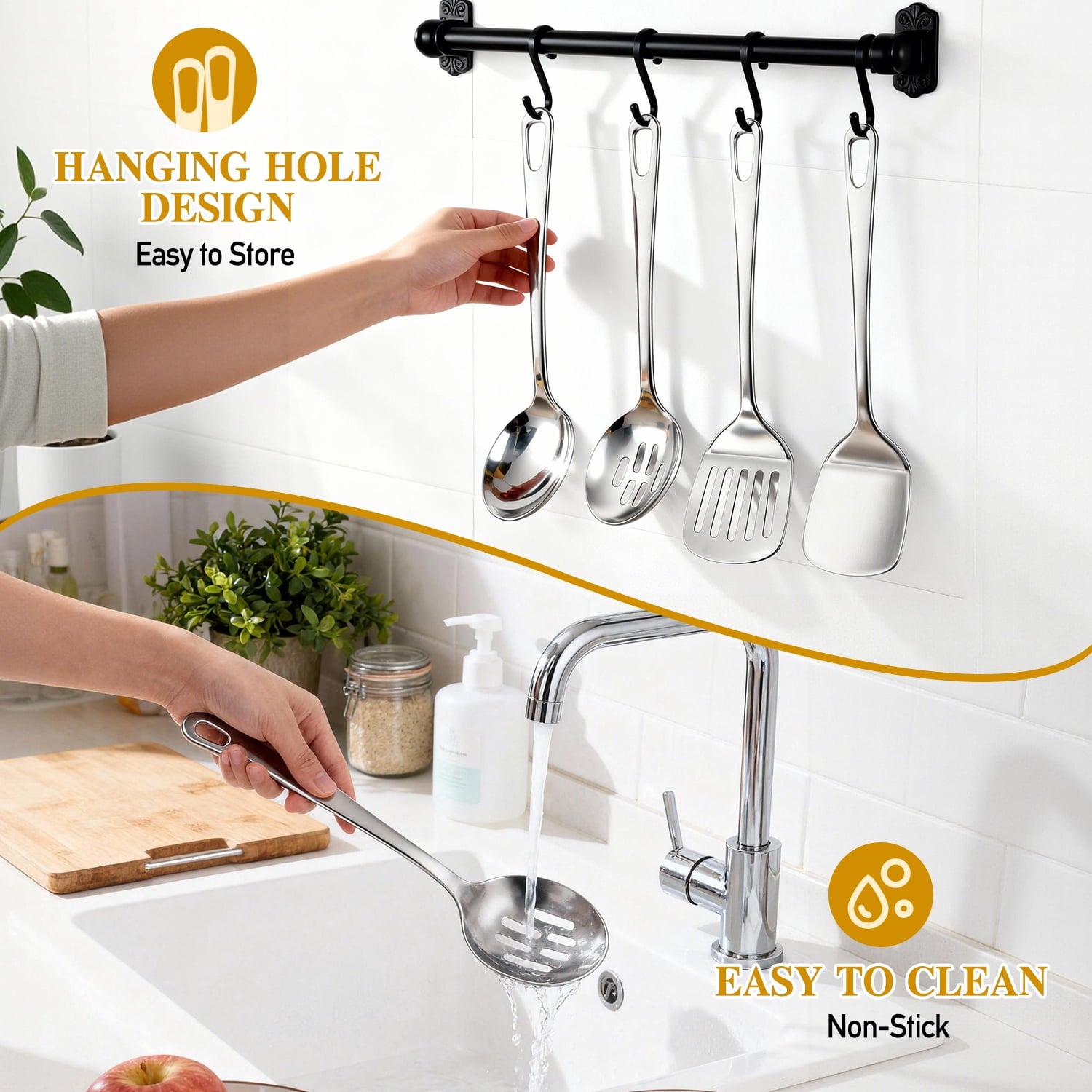 4 Pcs Cooking Utensils Set, TAIMASI Stainless Steel Kitchen Utensils, Kitchen Tools Set Include Solid & Slotted Turne... - Image 6