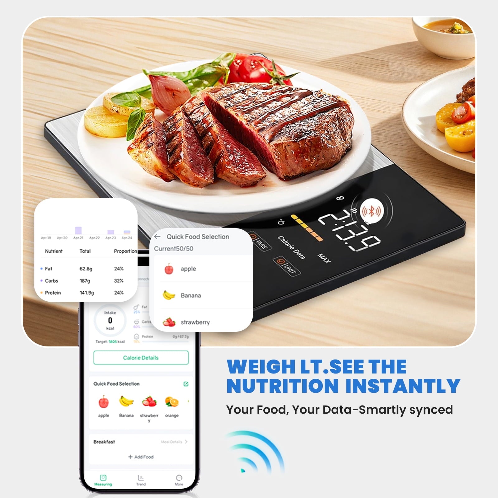 Smart Nutrition Food Scale with LED Touch Display, Tracks Calories, Fat, Carbs & Protein via App, 0.01oz Precision Di... - Image 6