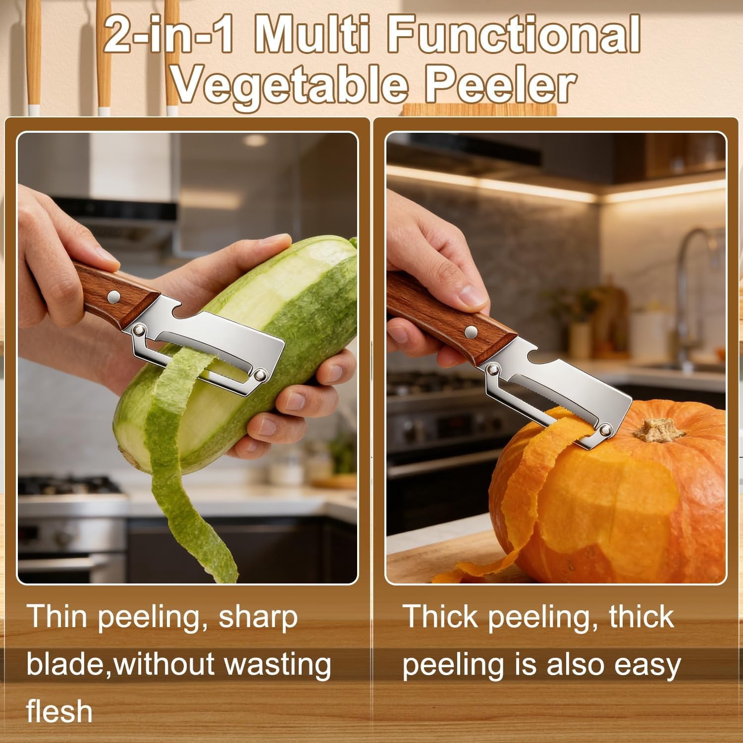 2PCS Multi-functional Vegetable Peeler with Wooden Handle and Bottle Opener, Features Solid Wood Handles, Fruit and V... - Image 2