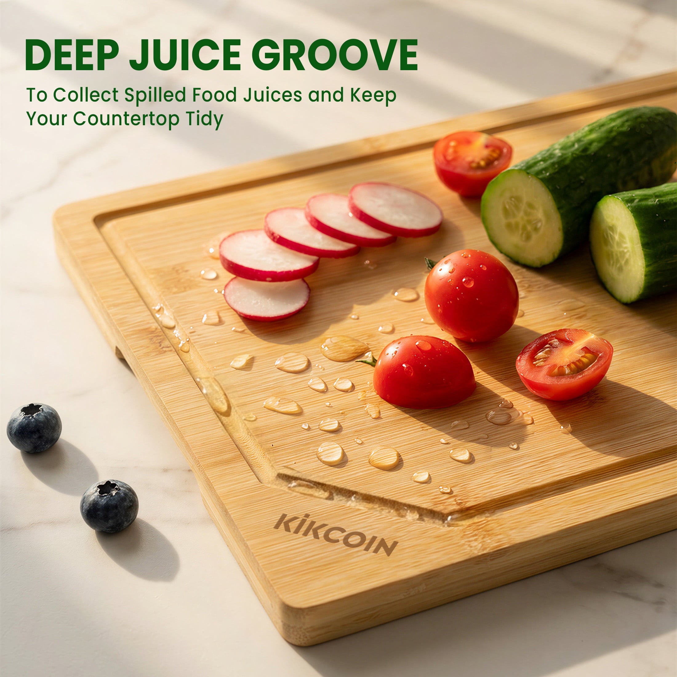 Kikcoin Bamboo Cutting Boards for Kitchen, with Deep Juice Groove and Inner Handle, 17.1" x 11.4" - Image 2