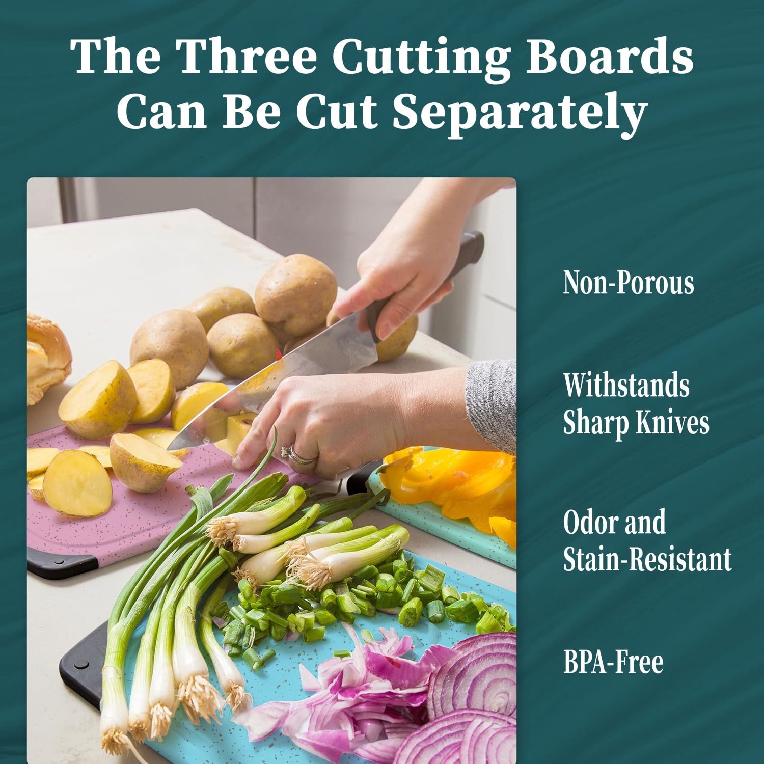 GPED 3-Piece Plastic Cutting Board Set, Durable Cutting Boards for Kitchen with Non Slip Handles and Juice Groove, Id... - Image 5
