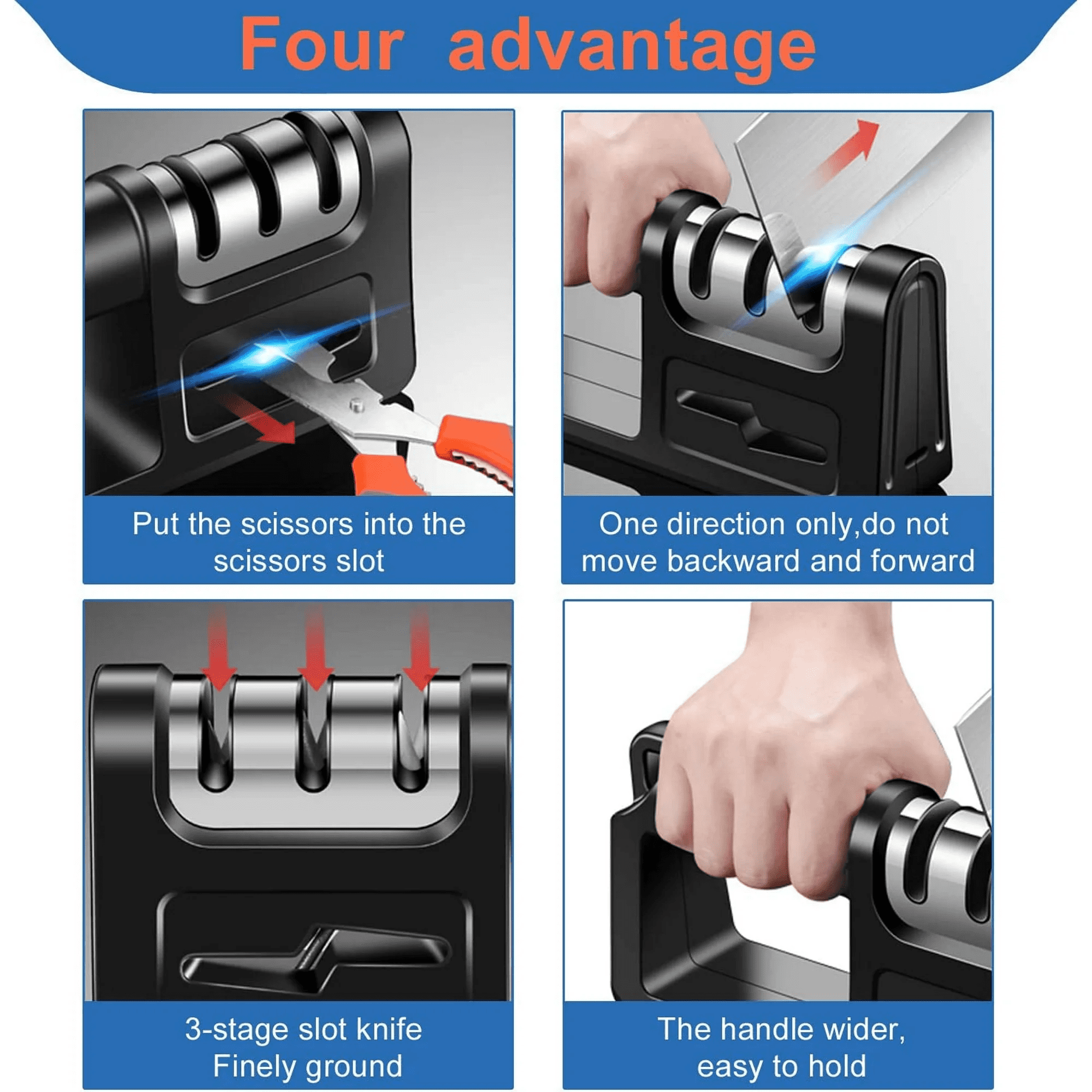 4in1 Knife Sharpener, 3 Stage Manual Sharpener for Sharpening Kitchen Knives 1 Stage for Scissors- Ceramic Stone, Tun... - Image 4