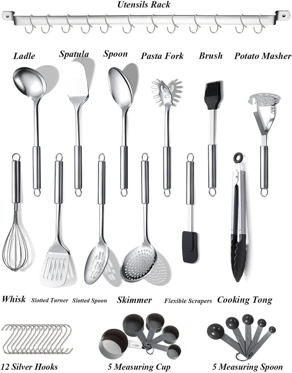 ReaNea Kitchen Utensils Set 37 Pieces, Stainless Steel Cooking Utensils Set, Kitchen Gadgets Cookwarewith Hooks For H... - Image 3