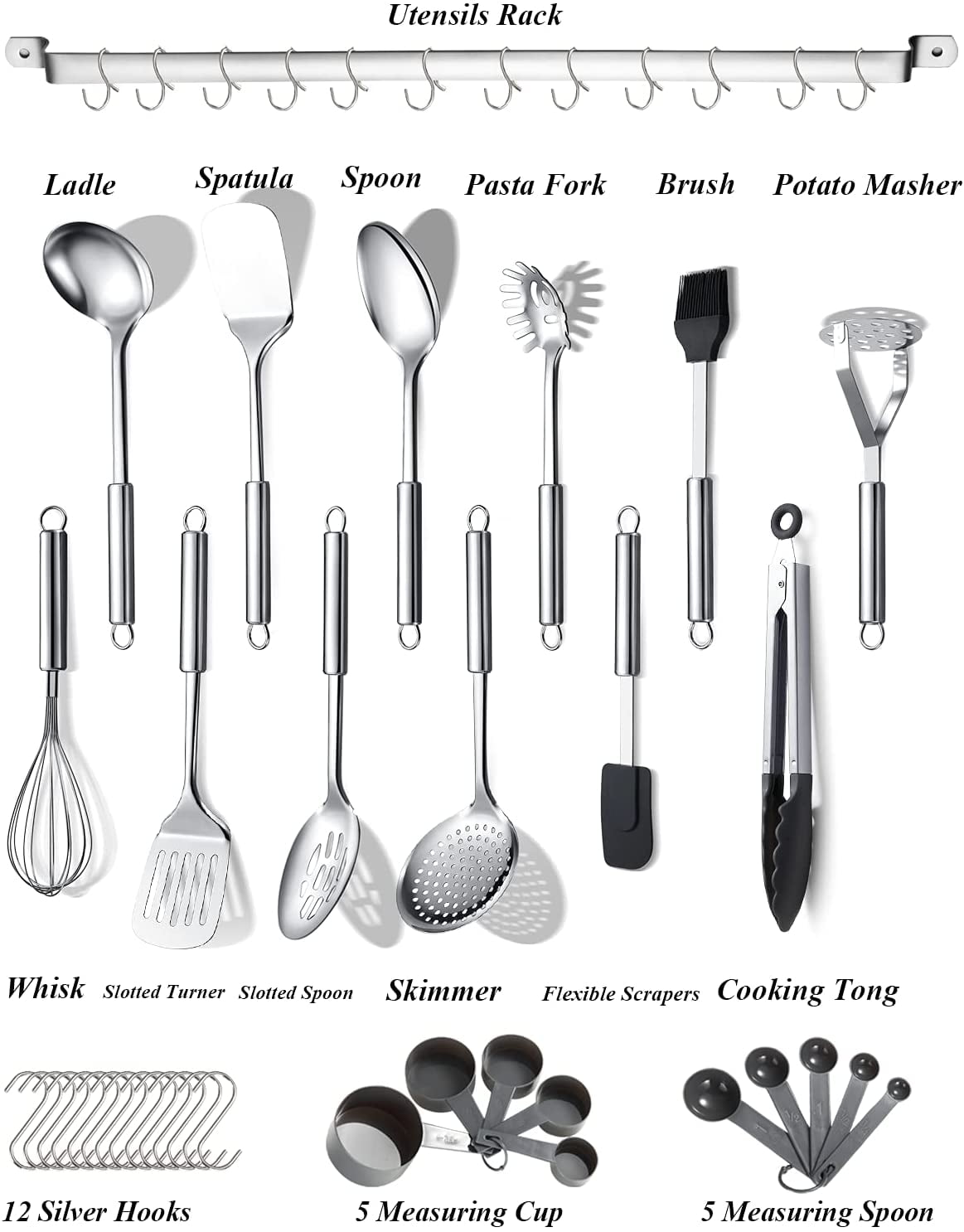 ReaNea Kitchen Utensils Set 37 Pieces, Stainless Steel Cooking Utensils Set, Kitchen Gadgets Cookwarewith Hooks For H... - Image 3