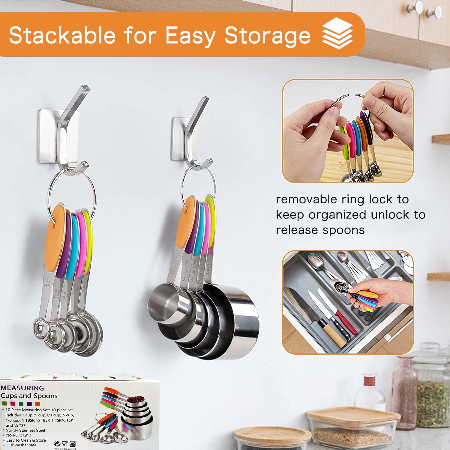 Howarmer Stainless Steel Measuring Cups and Spoons Set, 10 Piece Measuring Spoons and Cups with Soft Silicone Handles... - Image 6